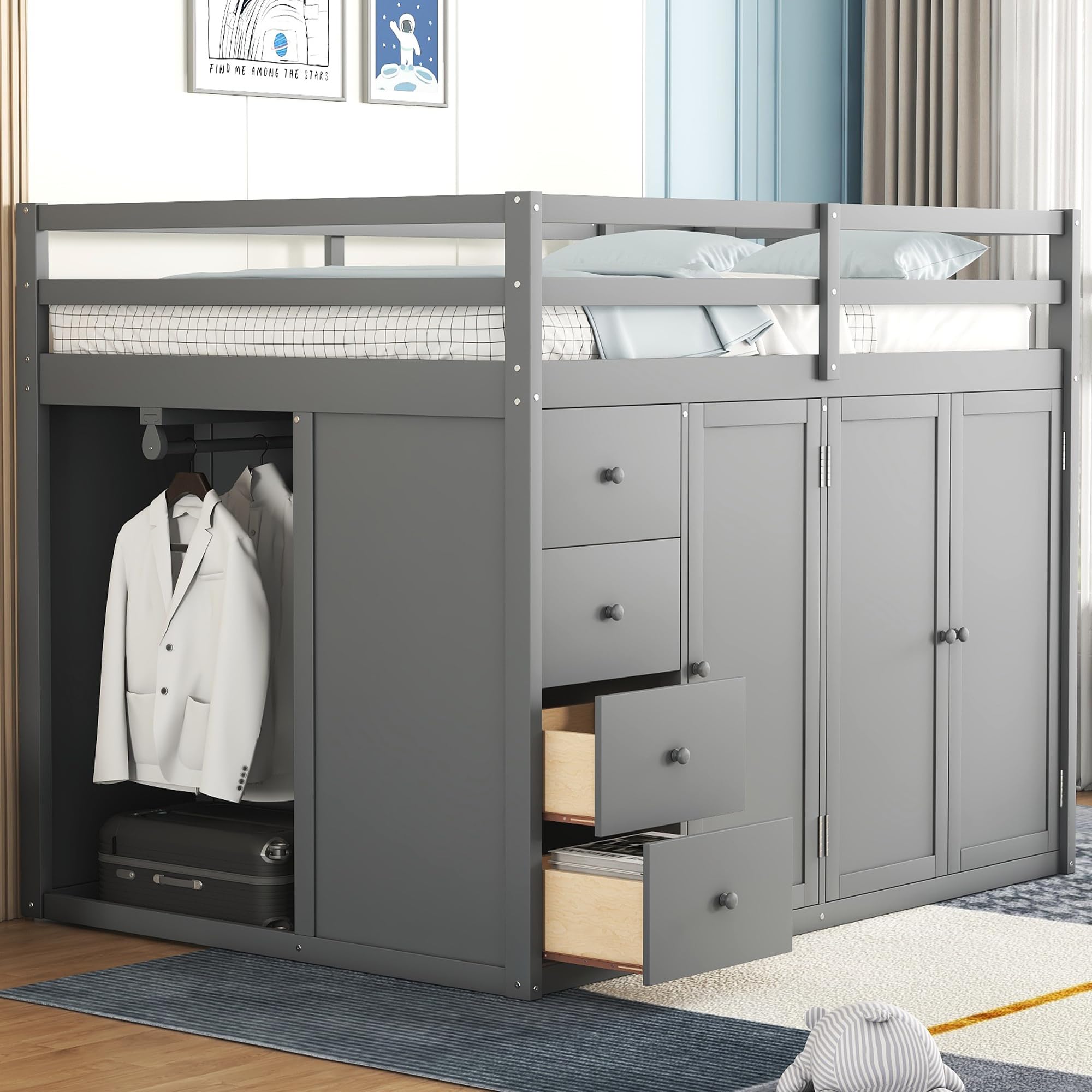 Harper & Bright Designs Full Size Wood Loft Bed with Stairs - Twin XL Loft Bed Frame with 2 Wardrobes, Storage Drawers & Cabinet - Sturdy High Loft Bed for Kids, Teens & Adults (Grey) - Perfect for Small Bedrooms, Dorms & Space-Saving Kids Rooms