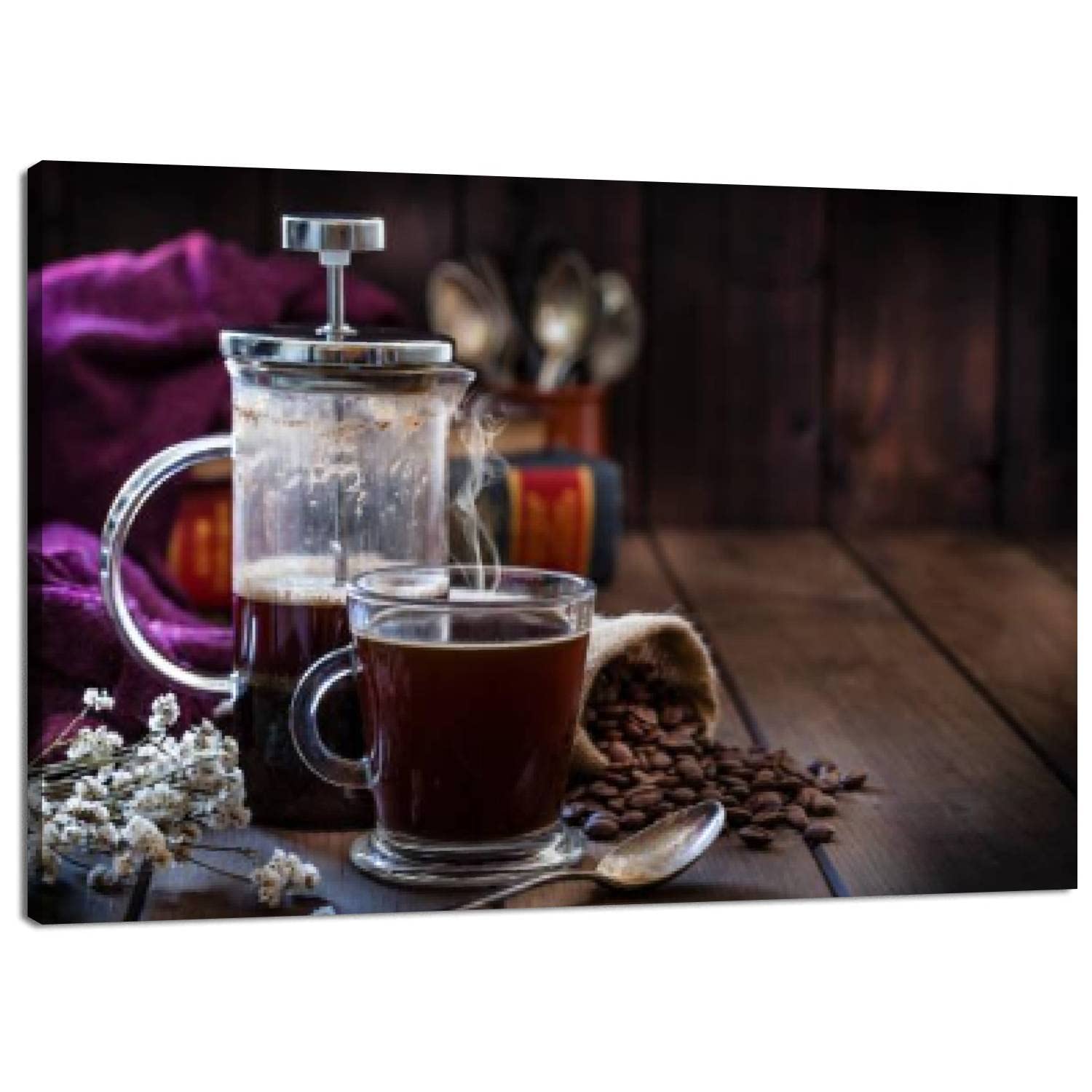 Premium Coffee-Themed Canvas Wall Art Print - French Press, Coffee Cup & Rustic Wooden Table Painting - 20x30 Inch Ready to Hang Home Decor for Living Room, Bedroom & Dining Room | Perfect for Coffee Shops, Cafés & Cozy Home Spaces