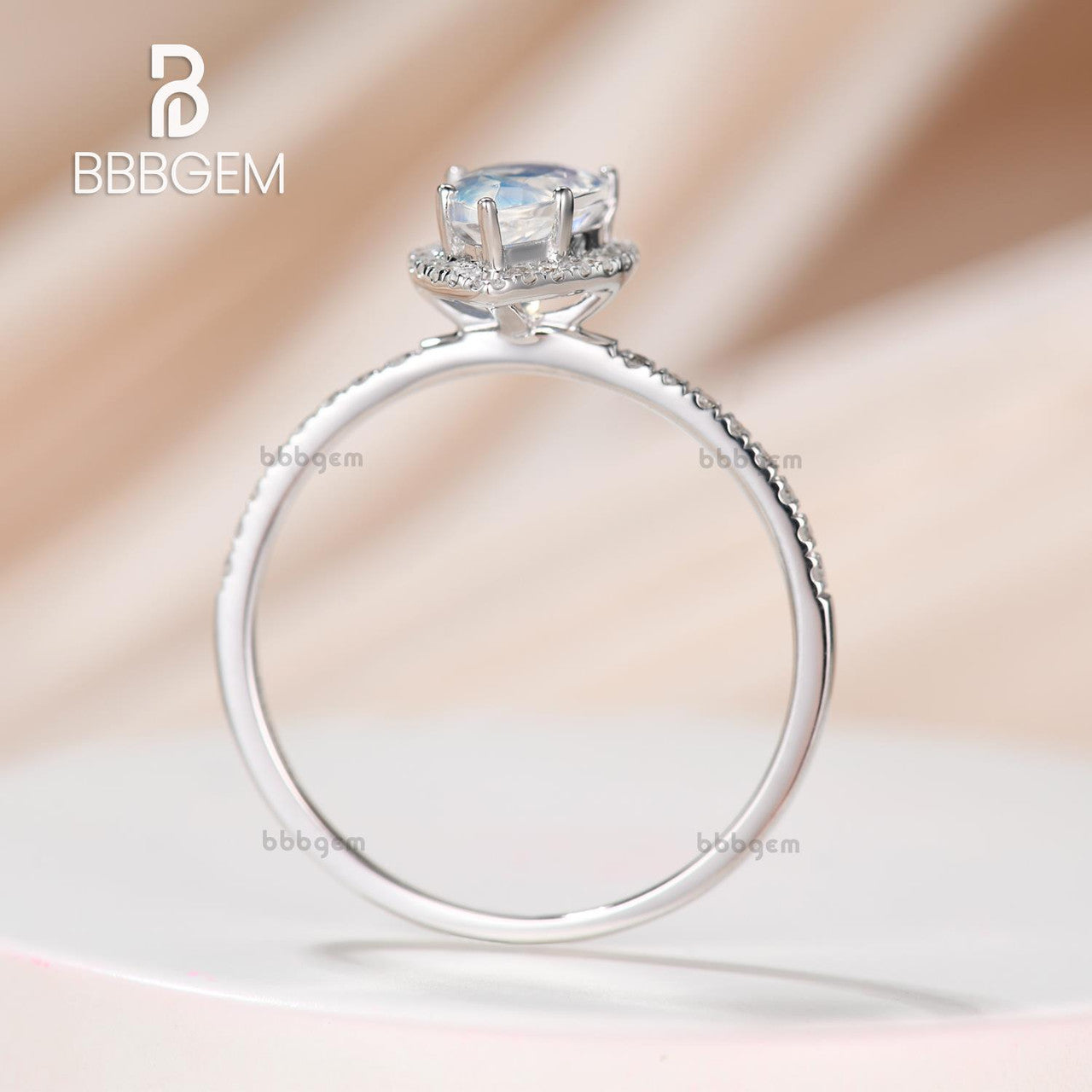 18K White Gold Water Drop Moonstone Ring with Diamond Halo | European & American Fashion Jewelry for Women | Perfect for Weddings, Parties & Everyday Elegance