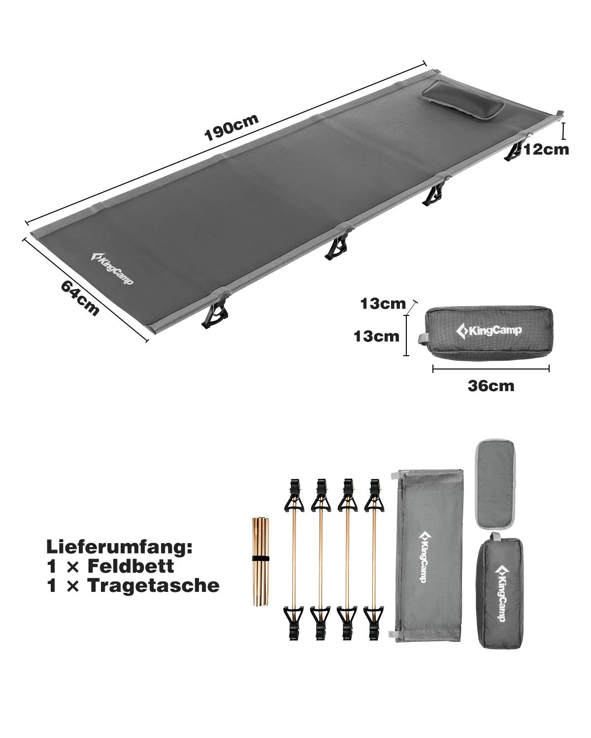 KingCamp Heavy Duty Folding Camping Cot for Adults - Portable Collapsible Sleeping Bed with Pillow & Storage Bag - Supports 265 lbs - Perfect for Camping, Hiking, Travel & Emergency Preparedness