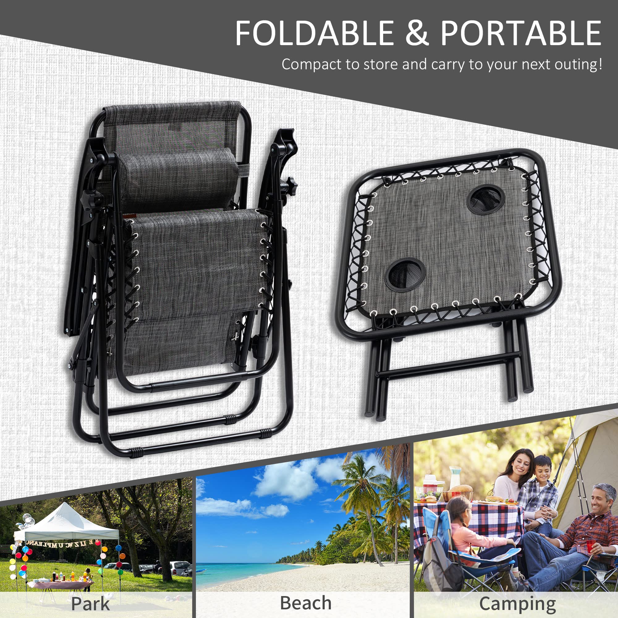 Outsunny Zero Gravity Chair Set with Side Table - Folding Reclining Lounge Chair with Cup Holders & Pillows - Adjustable Patio Chair for Pool, Backyard, Lawn, Beach - Perfect for Relaxing, Sunbathing & Outdoor Lounging (Gray)