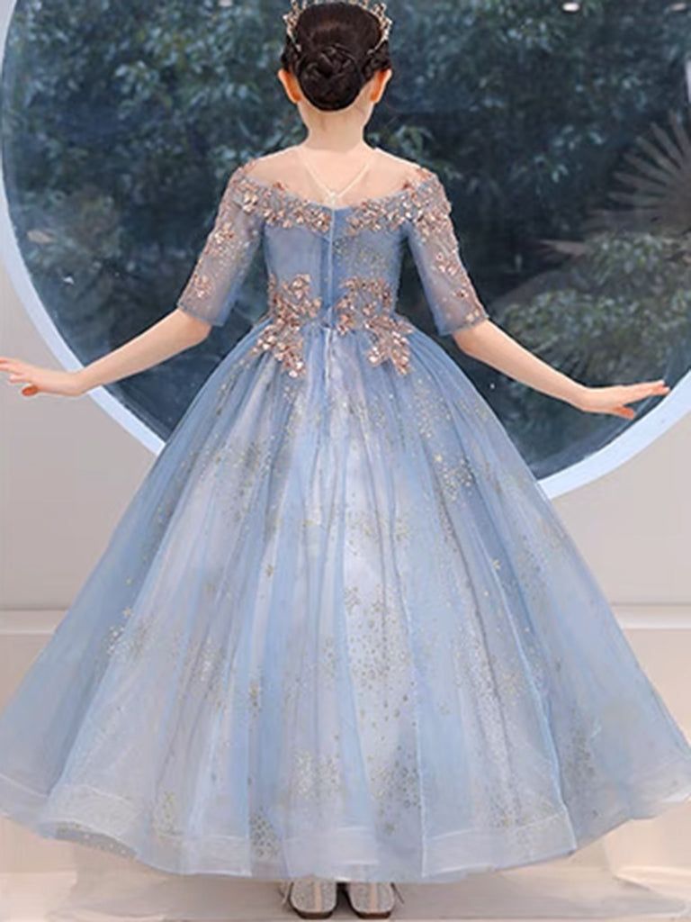 Royal Blue Tulle Sequin Lace Flower Girl Dress with Round Neck - Elegant Princess Party Dress for Weddings, Baptisms & Special Occasions