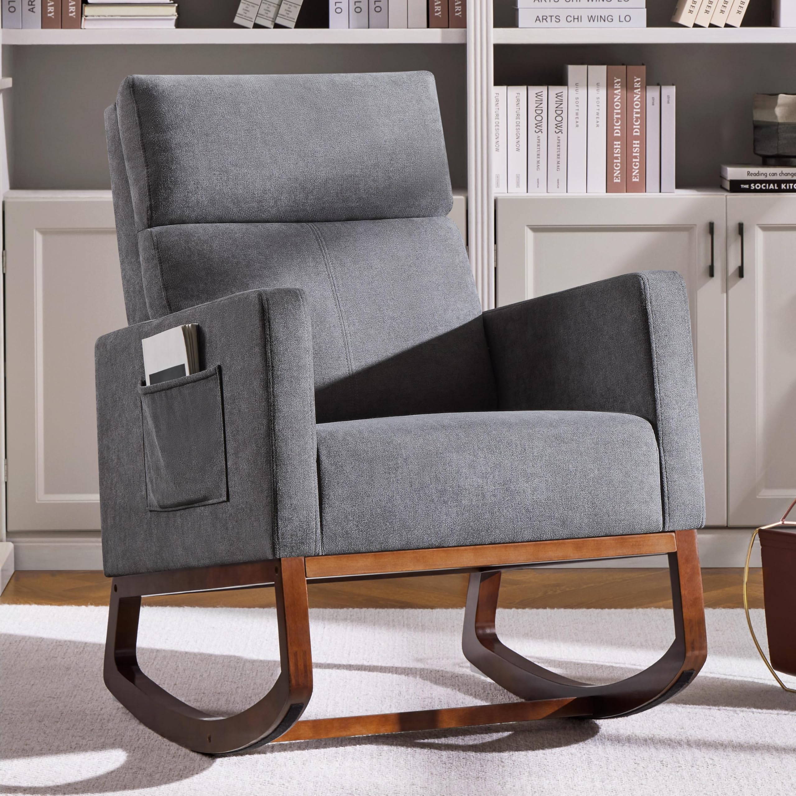 Yaheetech Upholstered Glider Rocking Chair with Side Pocket - High Back Nursery Chair with Rubber Wood Legs - Comfortable Accent Armchair for Living Room, Bedroom & Nursery (Gray) - Perfect for Nursing, Reading & Relaxing