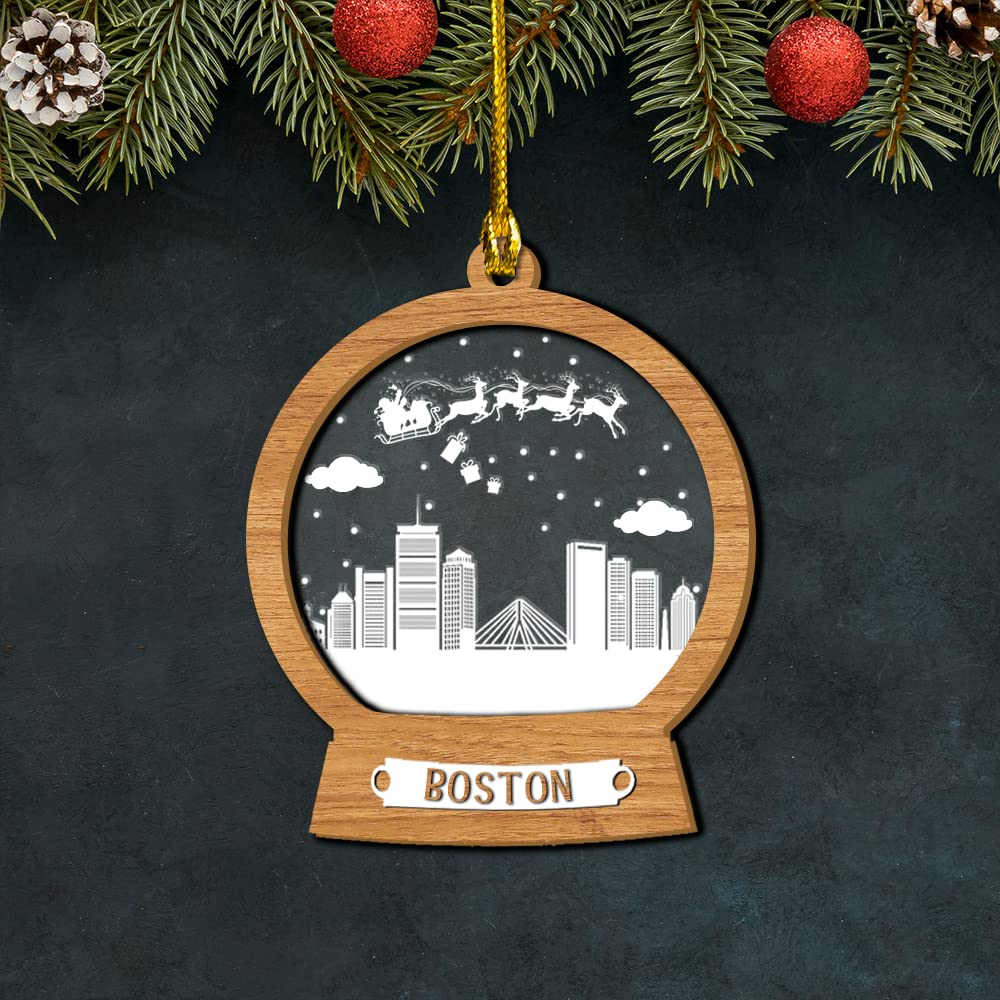 3D Wood Layered Personalized Boston Cityscape Christmas Ornaments - Set of 10 Handmade Tree Decorations for Holiday Home & Office Decor | Perfect Gift for Family & Friends