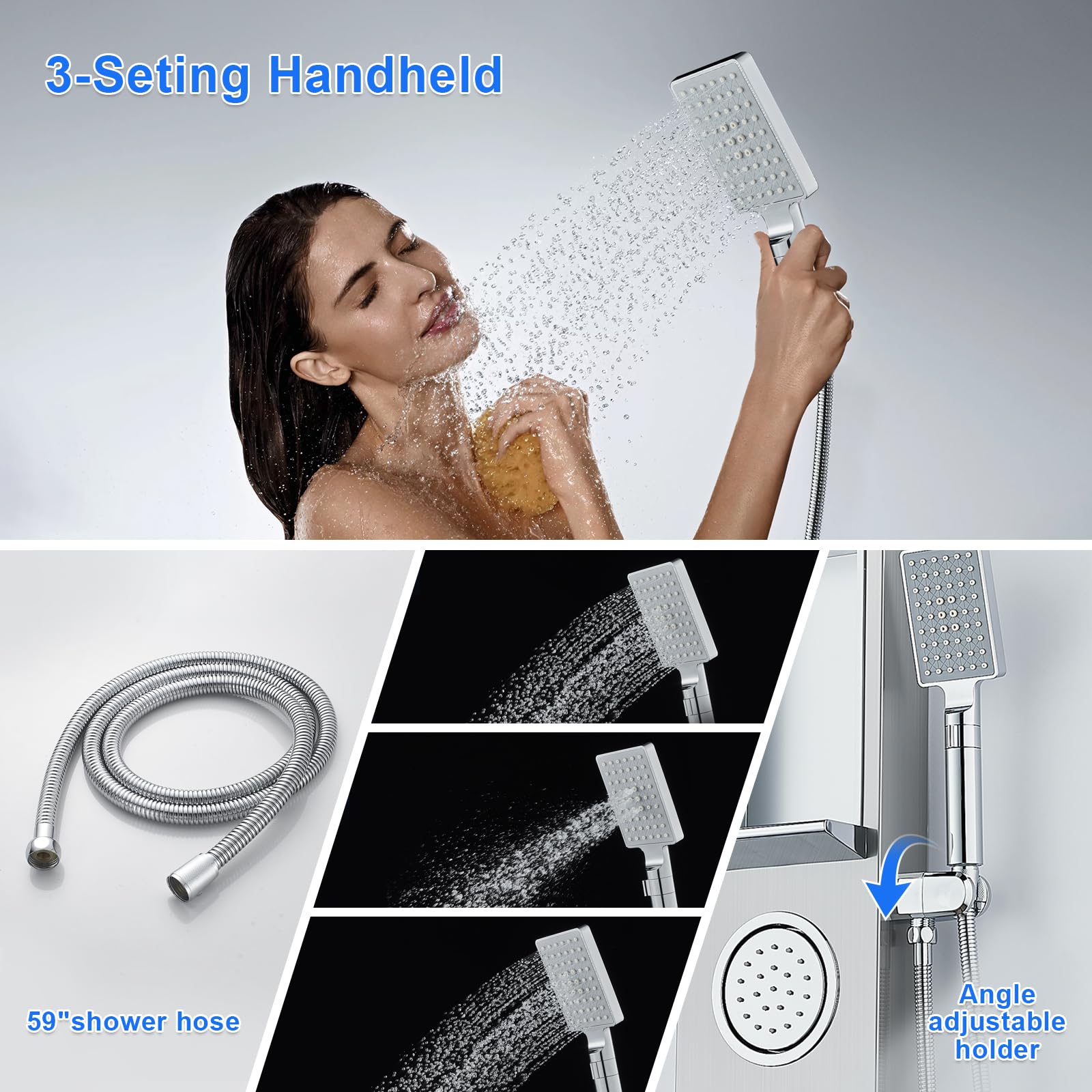 POPFLY Stainless Steel Shower Panel with LED Lights, Rainfall & Mist System - 2 Body Spa Jets, Shelf & Tap Spout - Brushed Nickel Finish for Luxury Bathroom Upgrade | Perfect for Spa-Like Experience at Home