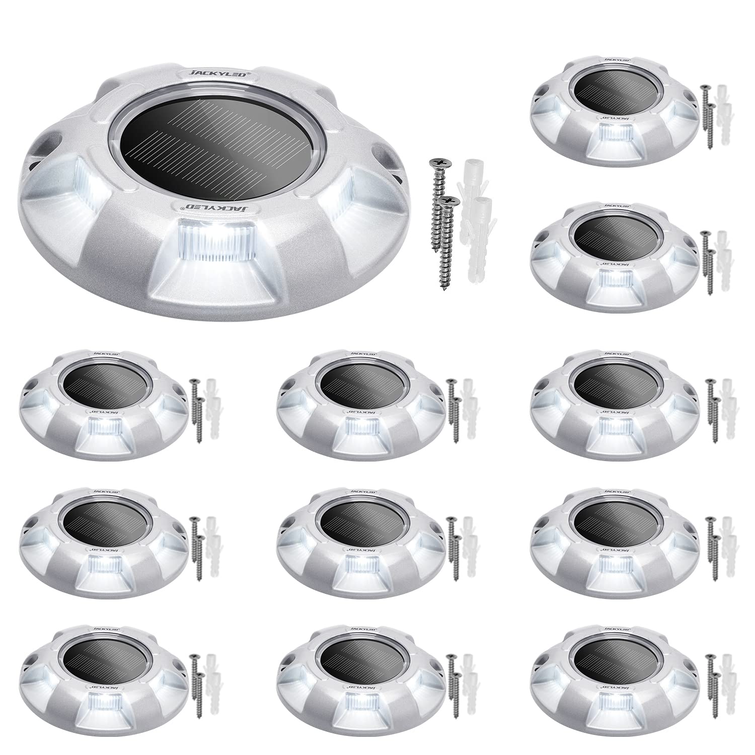 JACKYLED Solar Driveway Marker Lights - 12 Pack Bright White Outdoor LED Solar Powered Lights, Waterproof Aluminum Wireless Road Studs for Deck, Step, Stair, Garden, Walkway - Perfect for Driveways, Boat Docks & Nighttime Safety