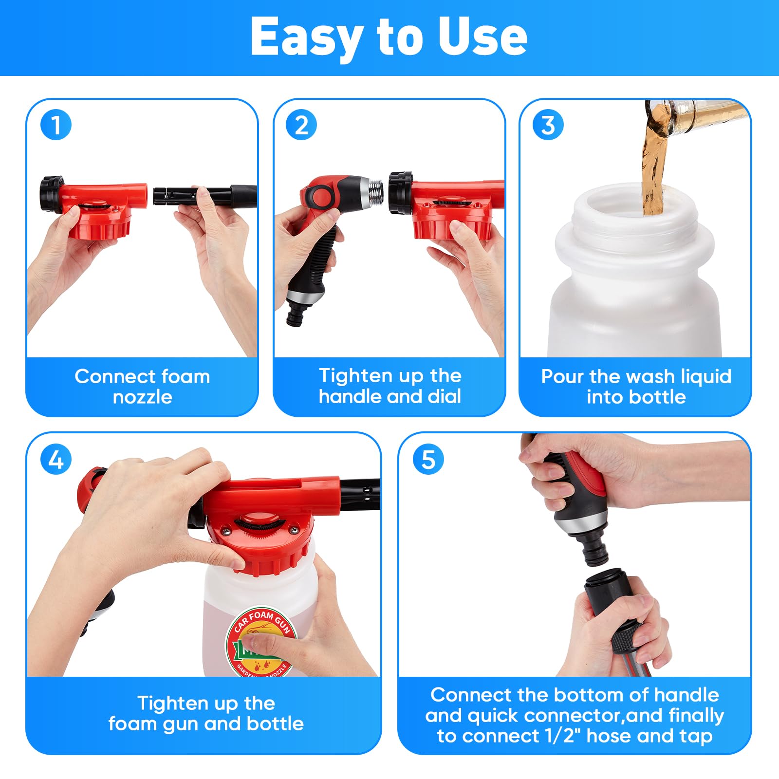 Premium Car Wash Foam Gun Kit - 22pc Foam Cannon with Adjustable 2.5-6 Ratio Dial, 1L Bottle, Nozzles & Wash Mitt - 1/2