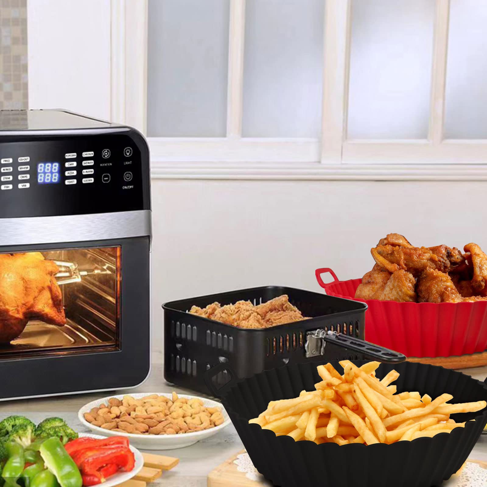 Non-Stick Silicone Air Fryer Basket Liners - Reusable Baking Tray for 3-5 Qt Air Fryers & Ovens (Red & Black) - Perfect for Healthy Cooking, Roasting Veggies & Crispy Snacks