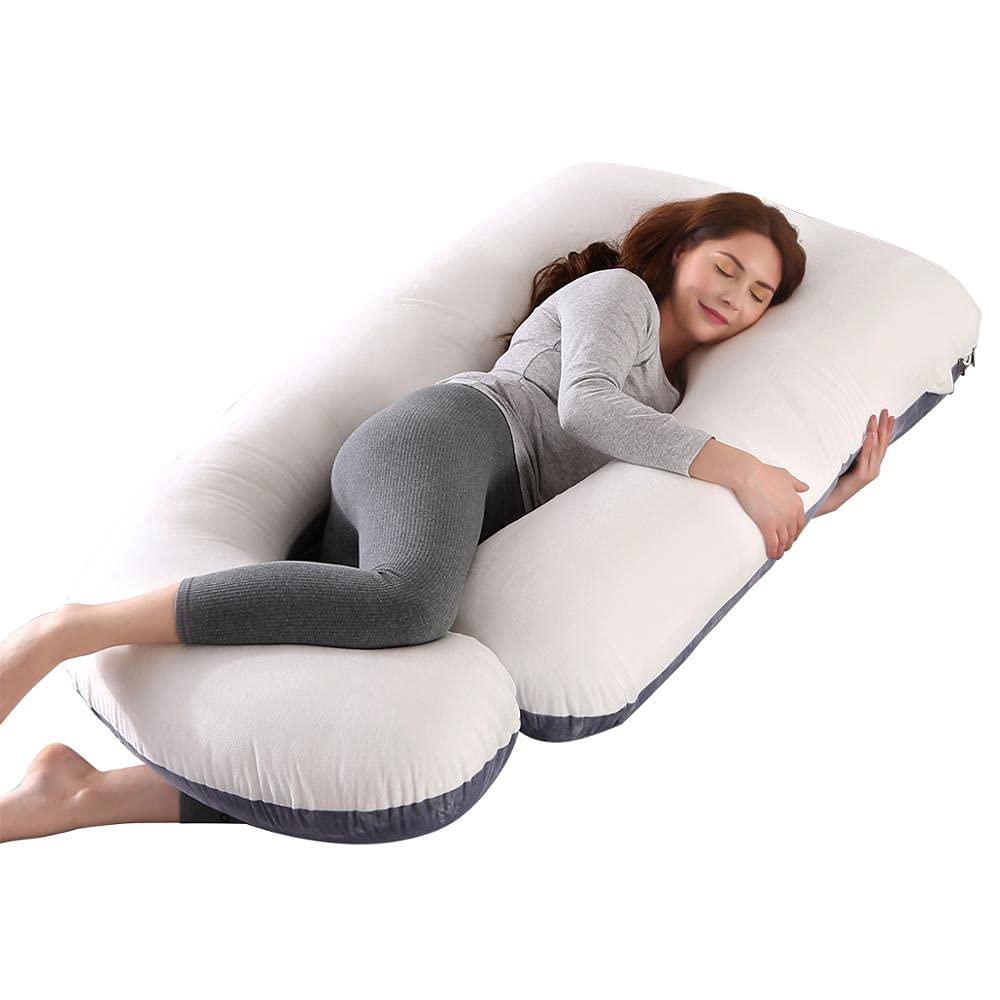 Luxury Gray and White Body Pillow for Maternity & Side Sleepers - Large J-Shaped Pregnancy Pillow for Women (70x145cm) - Comfortable Sleeping Support for Back Pain Relief, Pregnancy Comfort & Better Sleep