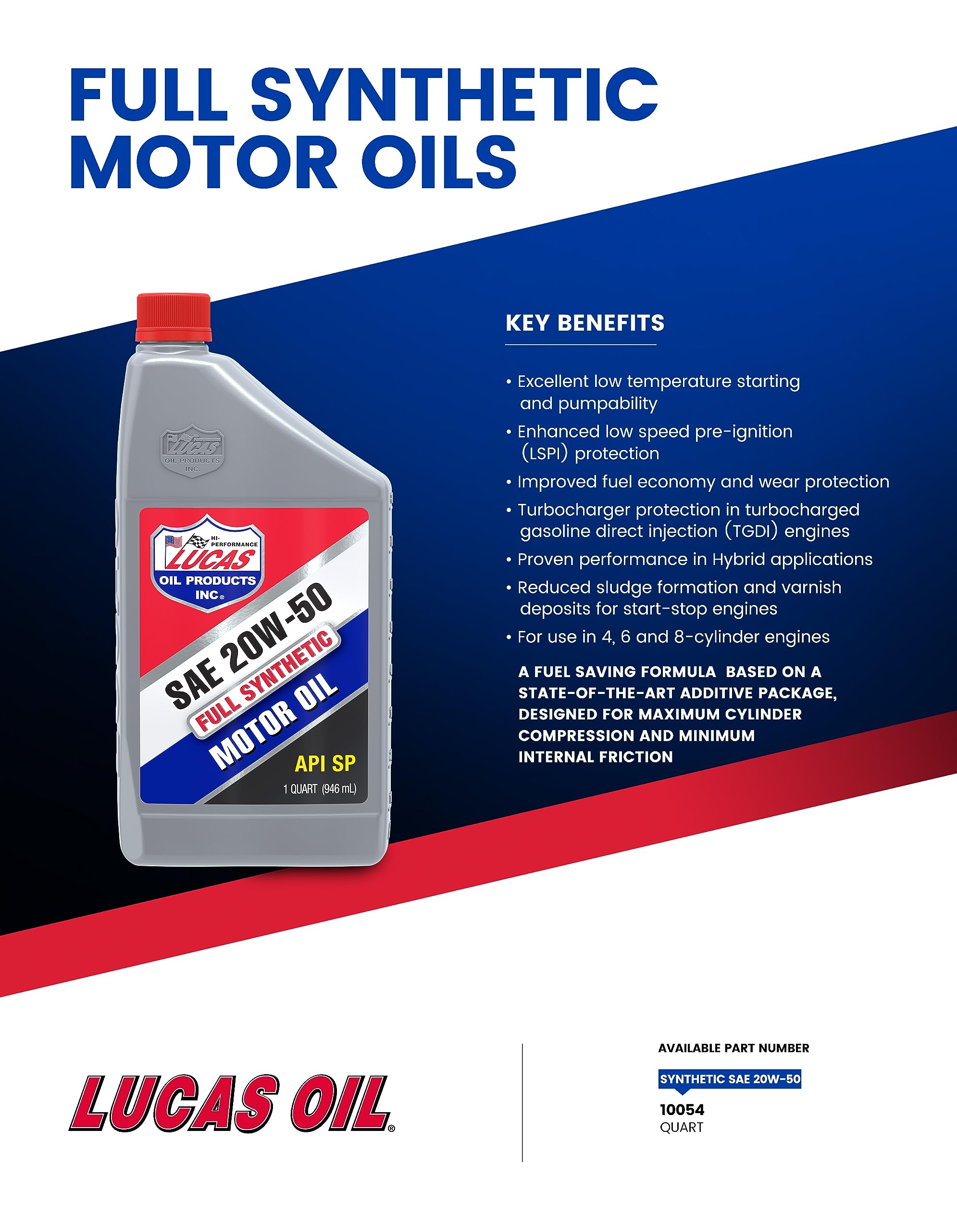 Lucas Oil 10054 Synthetic 20W-50 High Performance Motor Oil - 1 Quart (6 Pack) | Premium Engine Protection for Cars, Trucks & Motorcycles | Ideal for High Mileage & Extreme Temperature Conditions