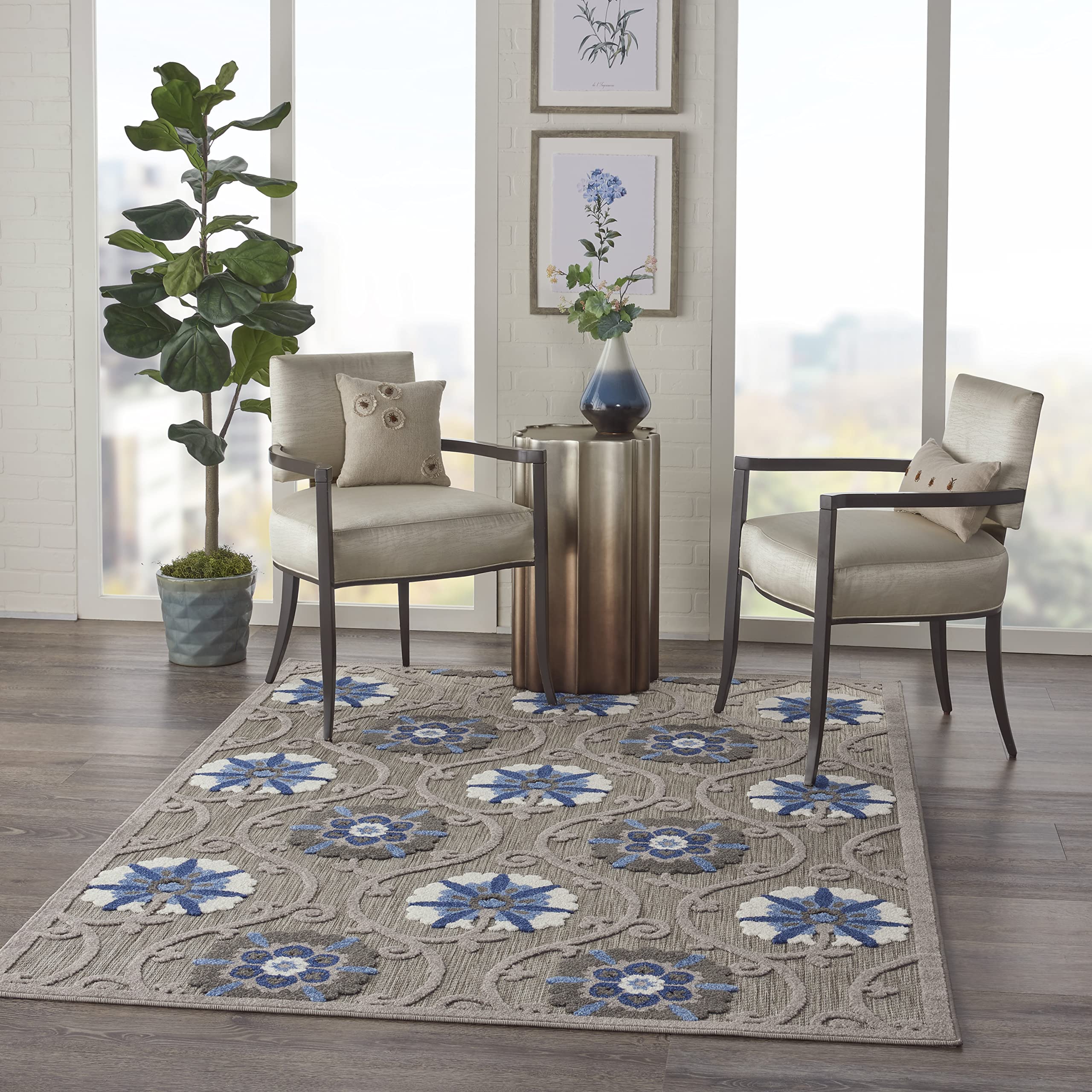 Nourison Aloha 6' x 9' Indoor/Outdoor Area Rug - Soft Grey & Blue Design, Easy to Clean, Non-Shedding - Perfect for Bedroom, Living Room, Dining Room & Kitchen (6x9) | Great for Patio, Deck & High-Traffic Areas