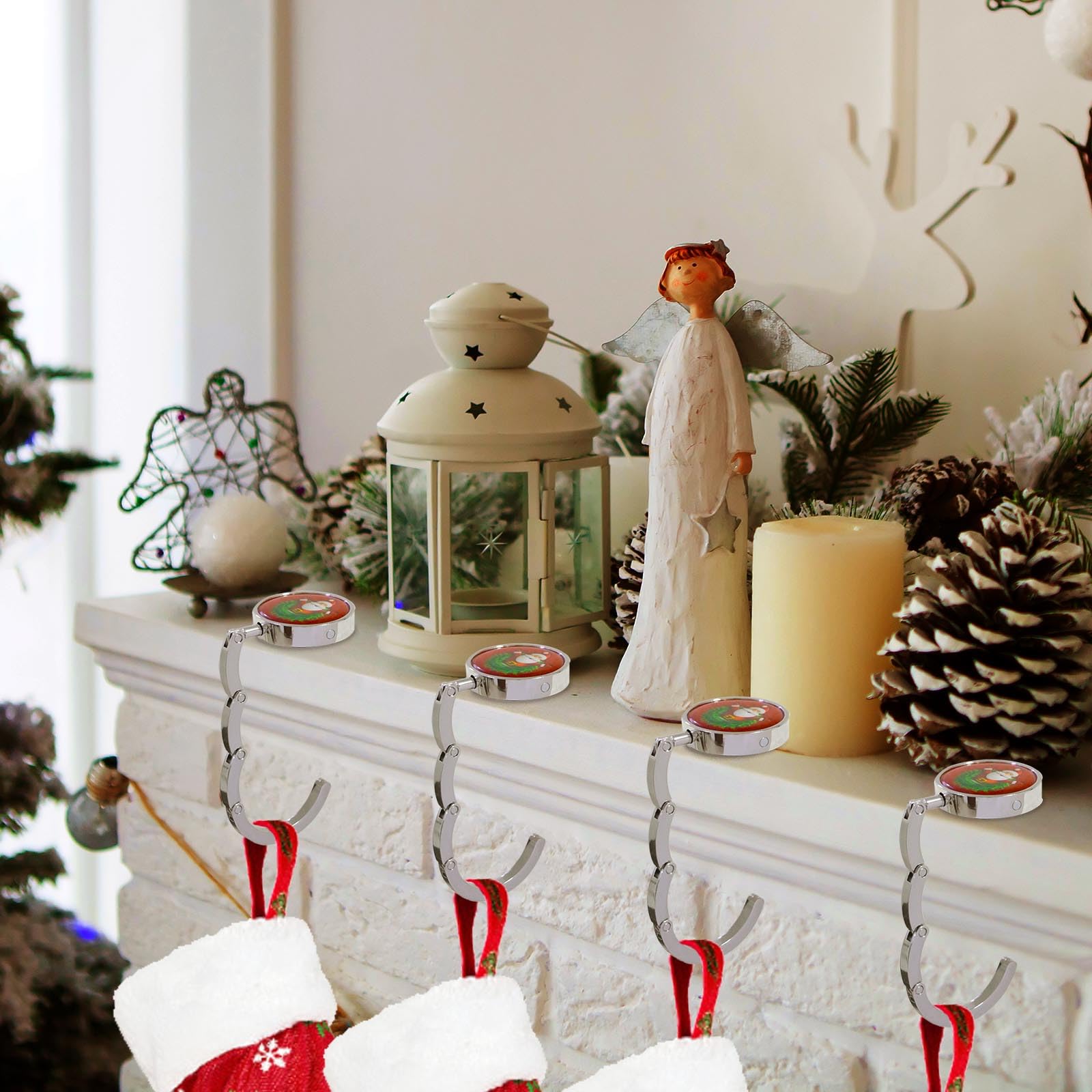 4-Pack Non-Slip Christmas Stocking Holders for Fireplace Mantel - Lightweight Metal Hangers with Flat Weighted Base for Santa Claus Decorations | Perfect for Xmas Party Decor & Holiday Home Decorating
