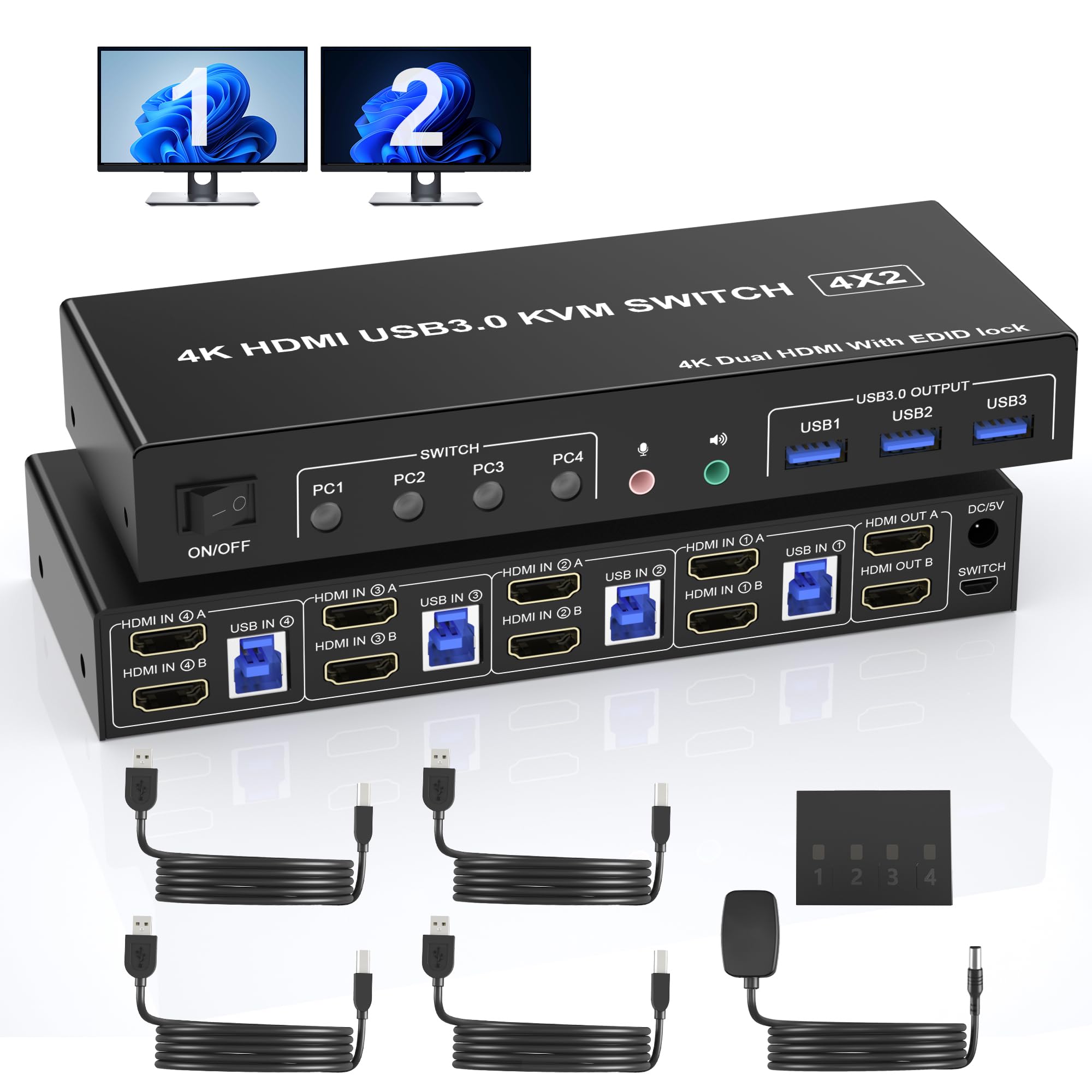 4 Port HDMI KVM Switch USB 3.0 - Dual Monitor 4K 60Hz for 4 Computers with EDID Support, Audio & Microphone Output, 3 USB 3.0 Ports - Perfect for Home Office, Gaming Setup & Multi-PC Workstations