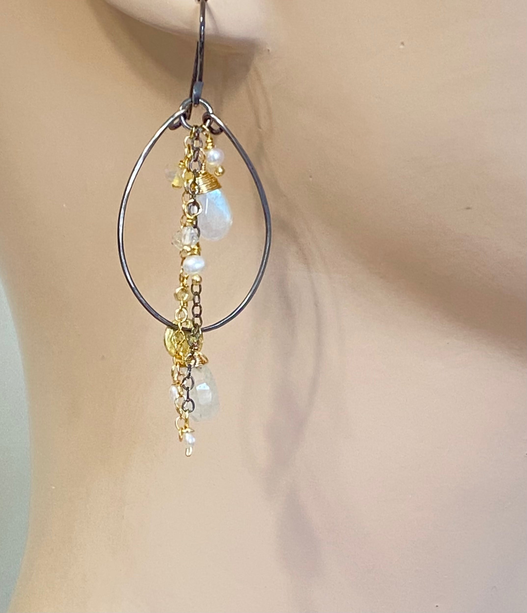 Rainbow Moonstone Opal Pearl Mixed Metal Hoop Earrings - Black & Gold Dangle Earrings for Women, Boho Chic Jewelry for Party, Wedding & Everyday Wear