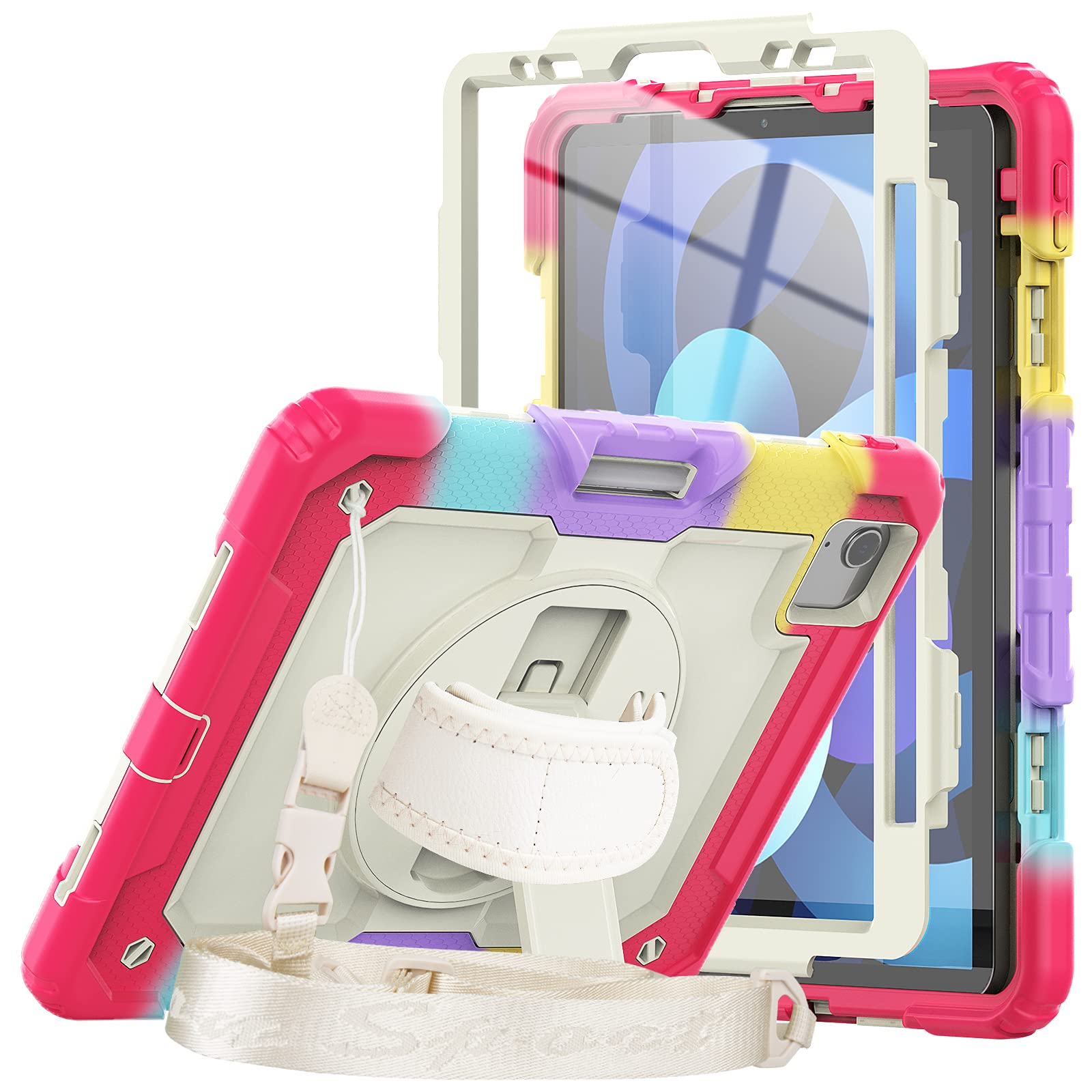 **AUSLEBEN iPad Air 5/4 Case & iPad Pro 11 Case (2020/2018) - 10.9 Inch Protective Cover with Built-in Screen Protector, 360° Rotating Kickstand, Hand Strap & Adjustable Shoulder Strap (Red) - Perfect for Work, Travel & Entertainment**