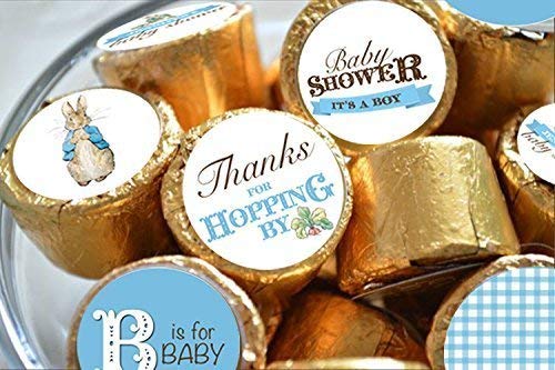 Personalized Beatrix Potter Peter Rabbit Baby Shower Kiss Stickers - 108 Peel & Stick Labels for Individually Wrapped Chocolates - Perfect for It's a Boy Party Favors, Gender Reveals & Newborn Celebrations