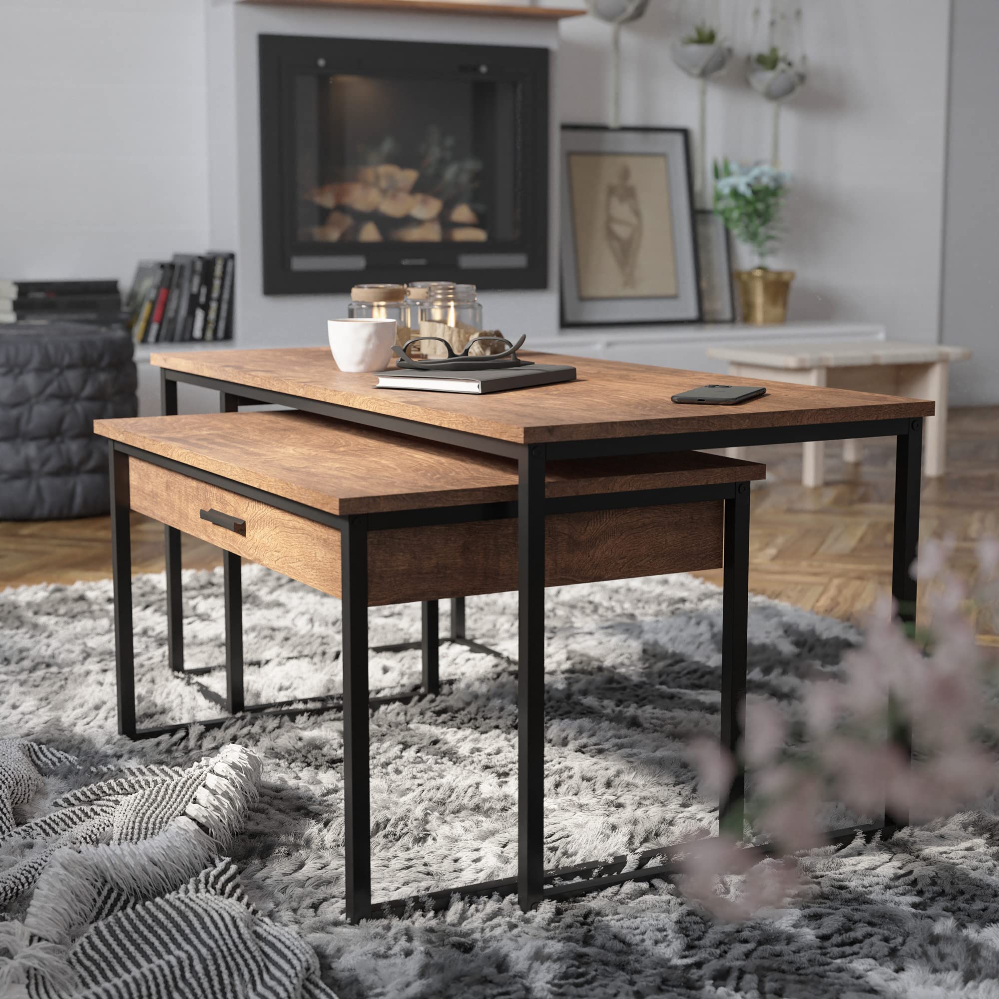 Flash Furniture Emerson 2-Piece Nesting Coffee Table Set with Walnut Engineered Wood Top & Black Sled Base Steel Frames - Includes Storage Drawer for Living Room, Office or Small Space Decor