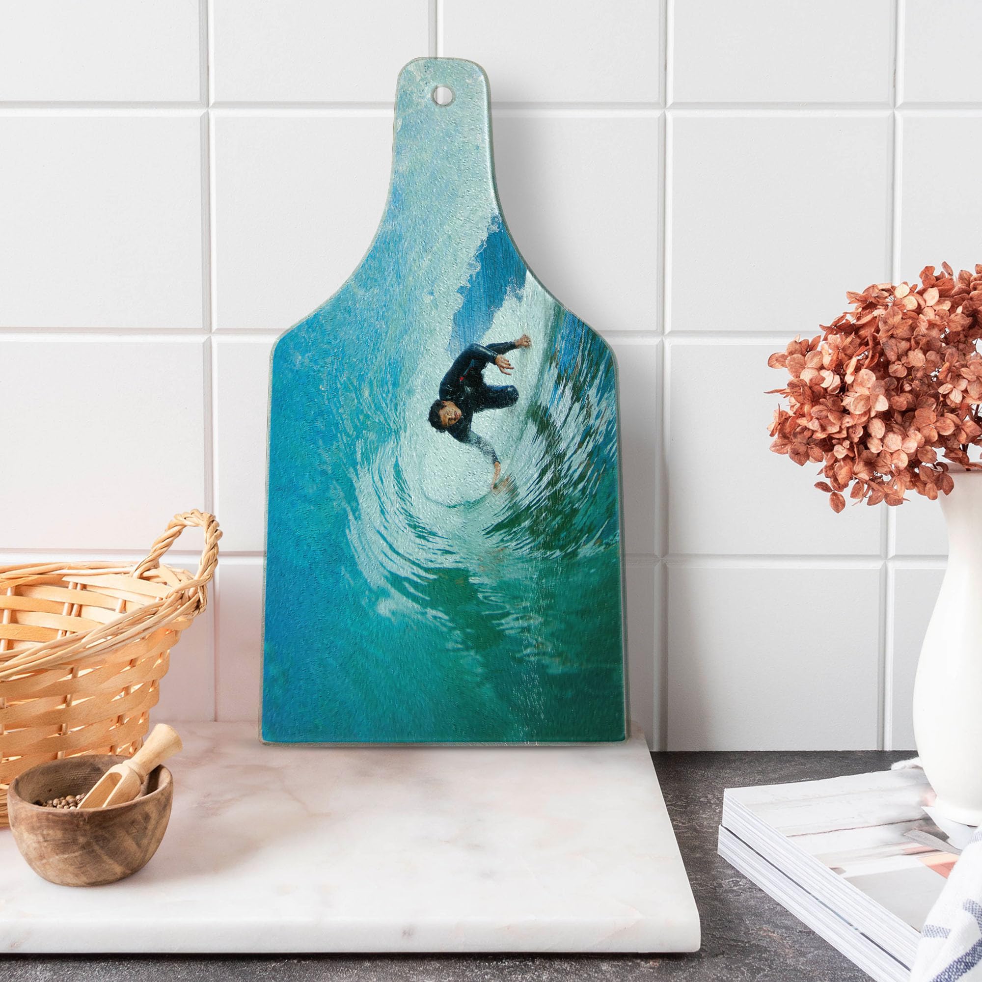 Ambesonne Ride The Wave Tempered Glass Cutting Board - Ocean Wave Surfer Adventure Design - Sky Blue & White Wine Bottle Shaped Serving Board for Kitchen & Entertaining - Perfect for Beach House Decor, Party Serving & Gift Giving