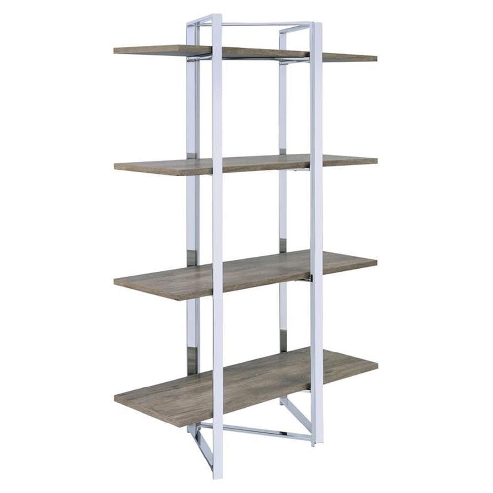 Acme Libby 4-Tier Fixed Wooden Shelf Rectangular Bookcase in Chrome Metal - Perfect for Home Office, Living Room & Bedroom Storage