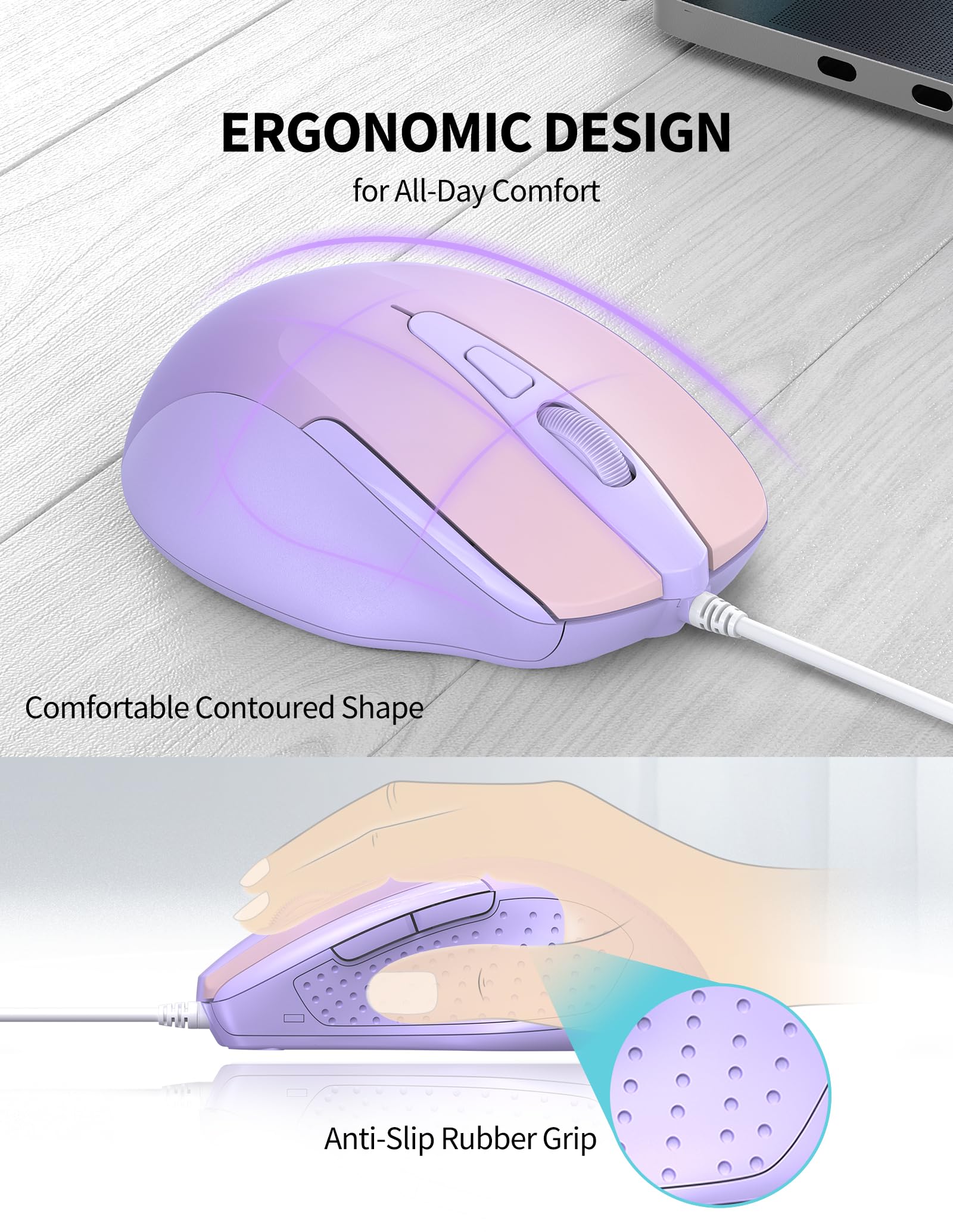 TECKNET USB Wired Mouse - 6-Button Ergonomic Optical Mouse with 4 Adjustable DPI (800/1200/1600/2400), 5FT Cord for Laptop, PC, Mac, Chromebook - Comfortable Computer Mouse for Office Work, Gaming & Home Use - Gradient Lavender