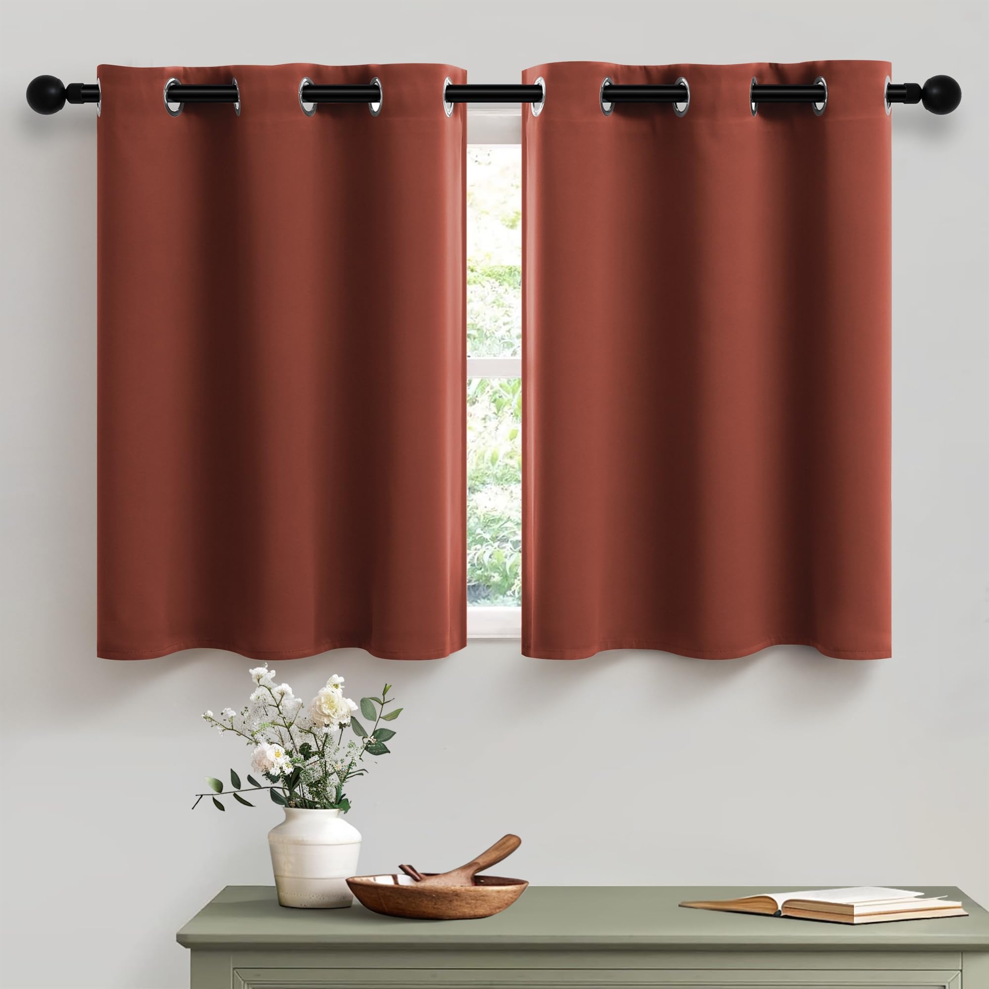 Burnt Orange Pumpkin Rust Short Blackout Curtains - 24 Inch Length for Kitchen, Bathroom, Camper & RV - Room Darkening Grommet Cafe Curtains in Terracotta, Ochre & Tangerine - Perfect for Fall Decor, Cozy Home & Seasonal Window Treatments