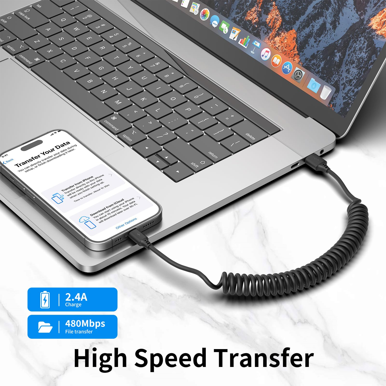 MFi Certified Coiled Lightning Cable 3FT 2Pack - Fast Charging Stretchable iPhone Cord for Car, iPhone 14/13/12/11 Pro Max/XS/8 & iPad - Perfect for CarPlay, Commuting & Travel Charging