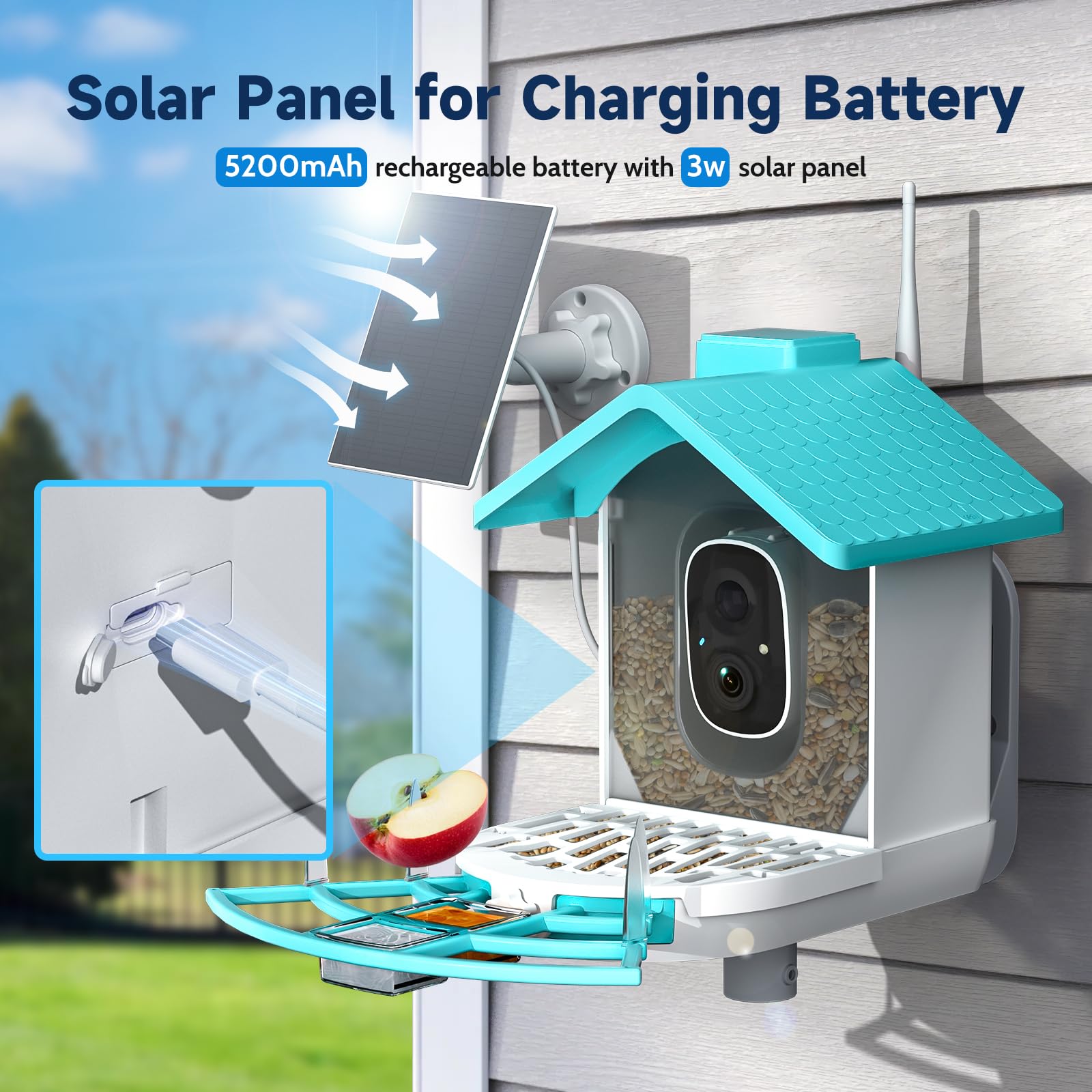 Smart Bird Feeder with HD Camera & Solar Panel - Outdoor Squirrel-Proof Bird Feeder with AI Bird Identification - Perfect Gift for Bird Lovers (Blue) - Ideal for Backyard Bird Watching & Nature Observation