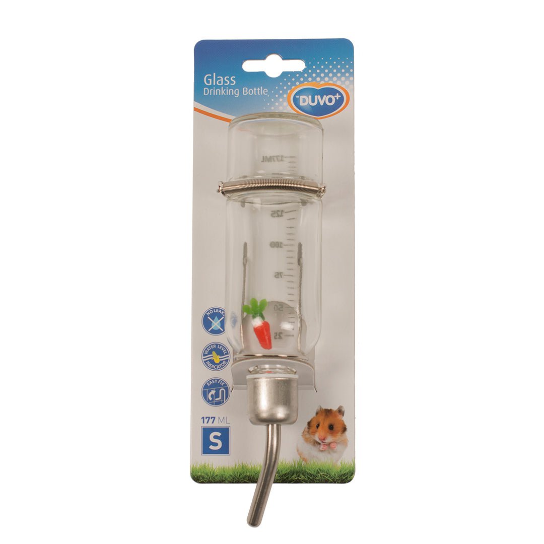 DUVO PLUS Small Animal Water Bottle - Leak-Proof Glass Drinking Bottle for Hamsters, Rabbits, Guinea Pigs (S/M) - Perfect for Cages, Travel & Outdoor Use