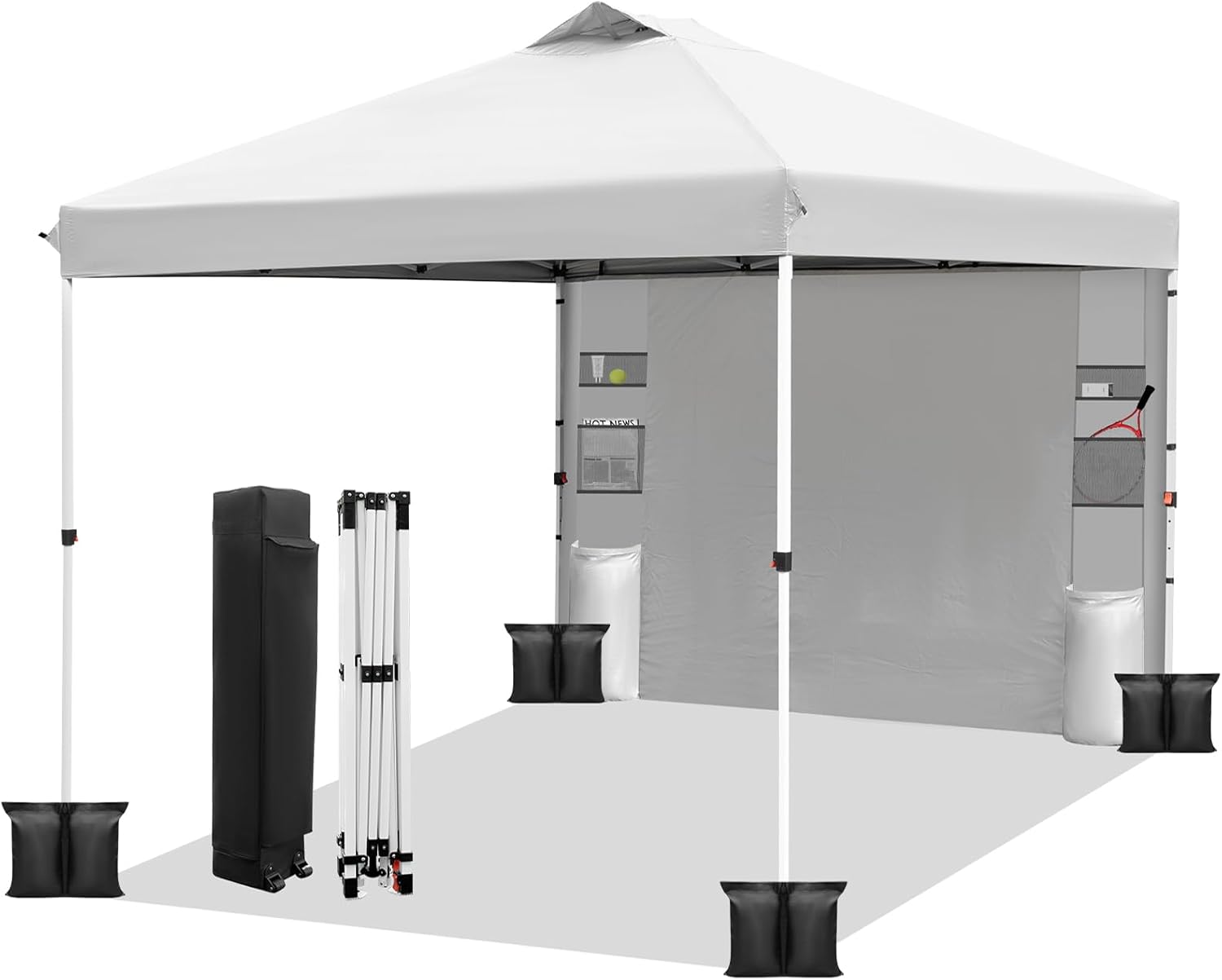 WEIZE 10x10 Pop Up Canopy Tent - Instant One-Button Setup Gazebo with Adjustable Height, 1 Sidewall & 6 Storage Pockets | Includes 4 Weight Bags | Portable Sun Shelter for Outdoor Events, Beach Parties, Camping, Backyard BBQs & Farmers Markets (White)