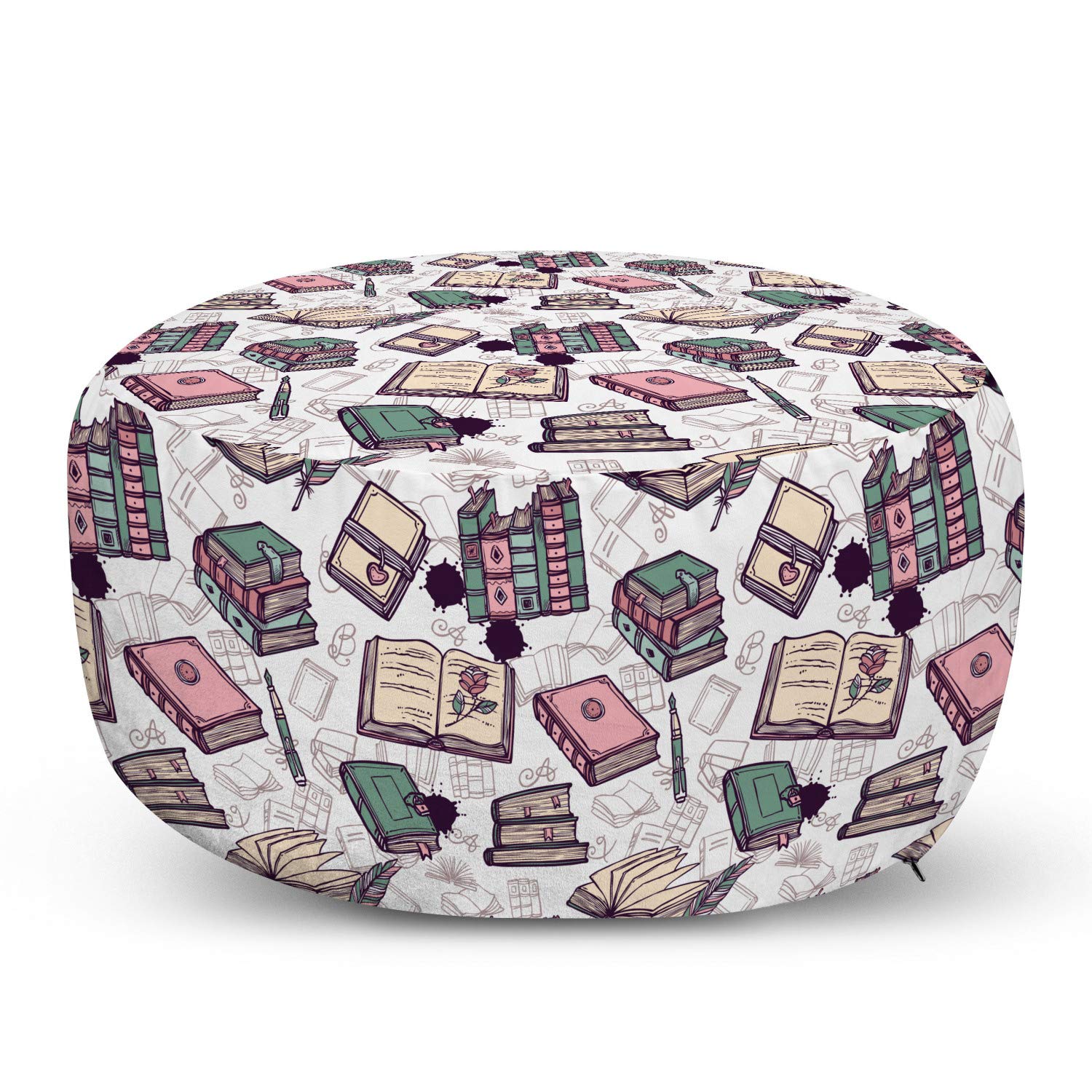 Ambesonne Retro Ottoman Pouf - Vintage Book & Pen Silhouette Design - Soft Decorative Foot Rest with Removable Cover for Living Room & Bedroom - Pearl & Multicolor - Perfect for Reading Nooks & Cozy Home Decor
