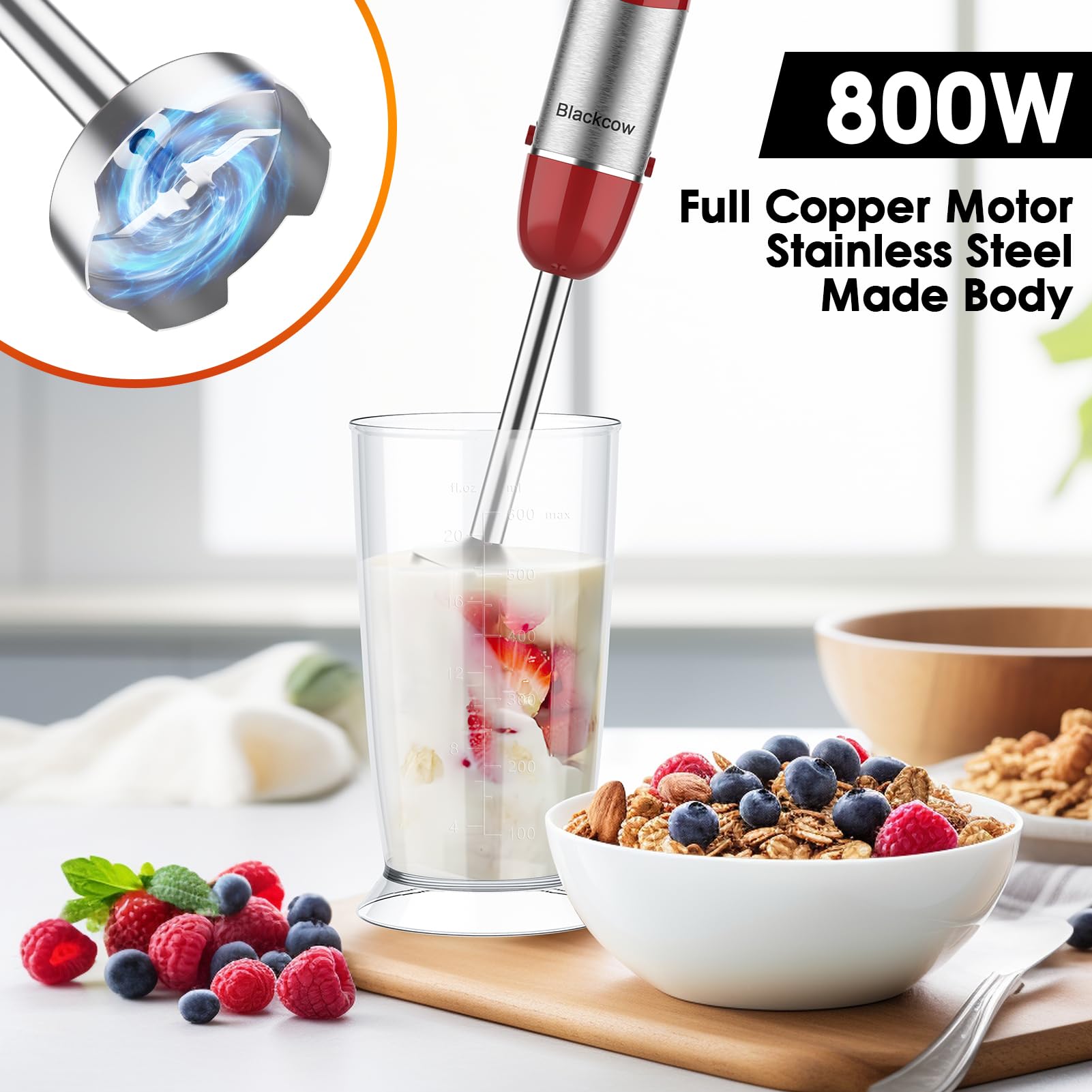 5-in-1 Immersion Blender 800W - BPA-Free Hand Blender with Stainless Steel Blade, 12 Speed Settings, Copper Motor - Includes Chopper, Whisk & Frother - Perfect for Smoothies, Soups, Sauces & Baby Food (Red)
