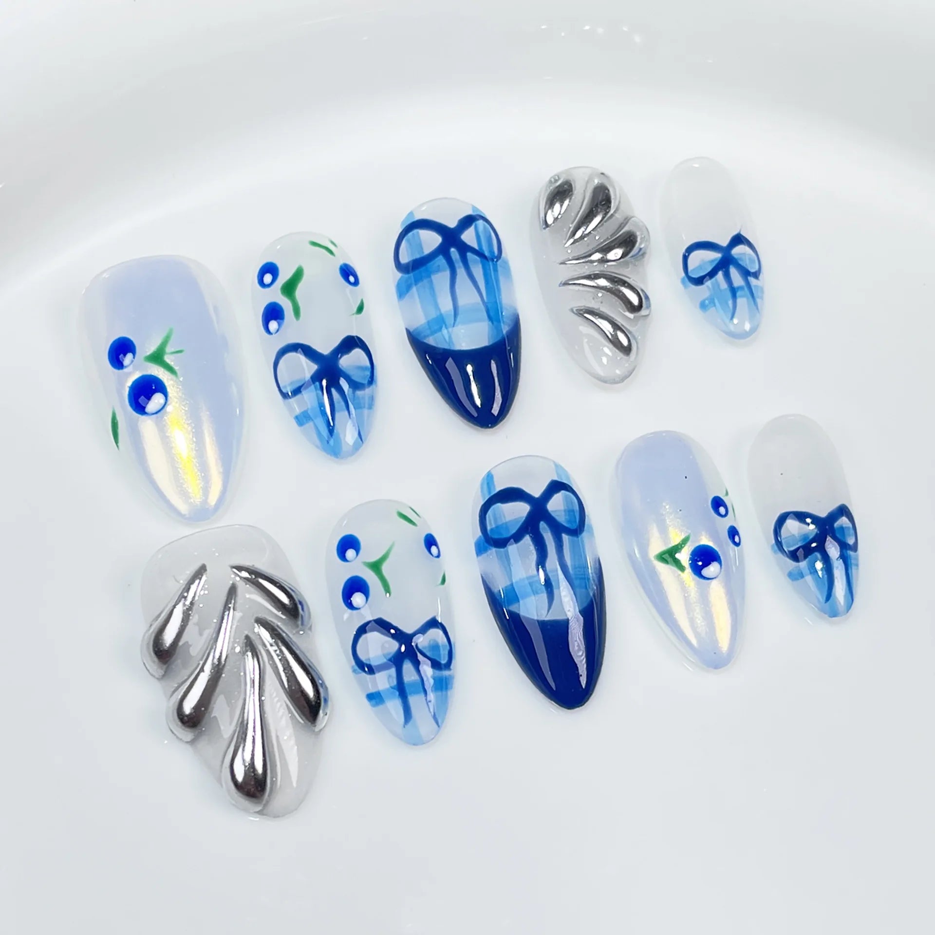 10Pcs Metallic Almond Press-On Fake Nails with Glue - Dark Color Full Cover False Nails for Manicure | Sweet & Cool Gel Nail Tips for Party, Wedding, Date Night & Special Occasions
