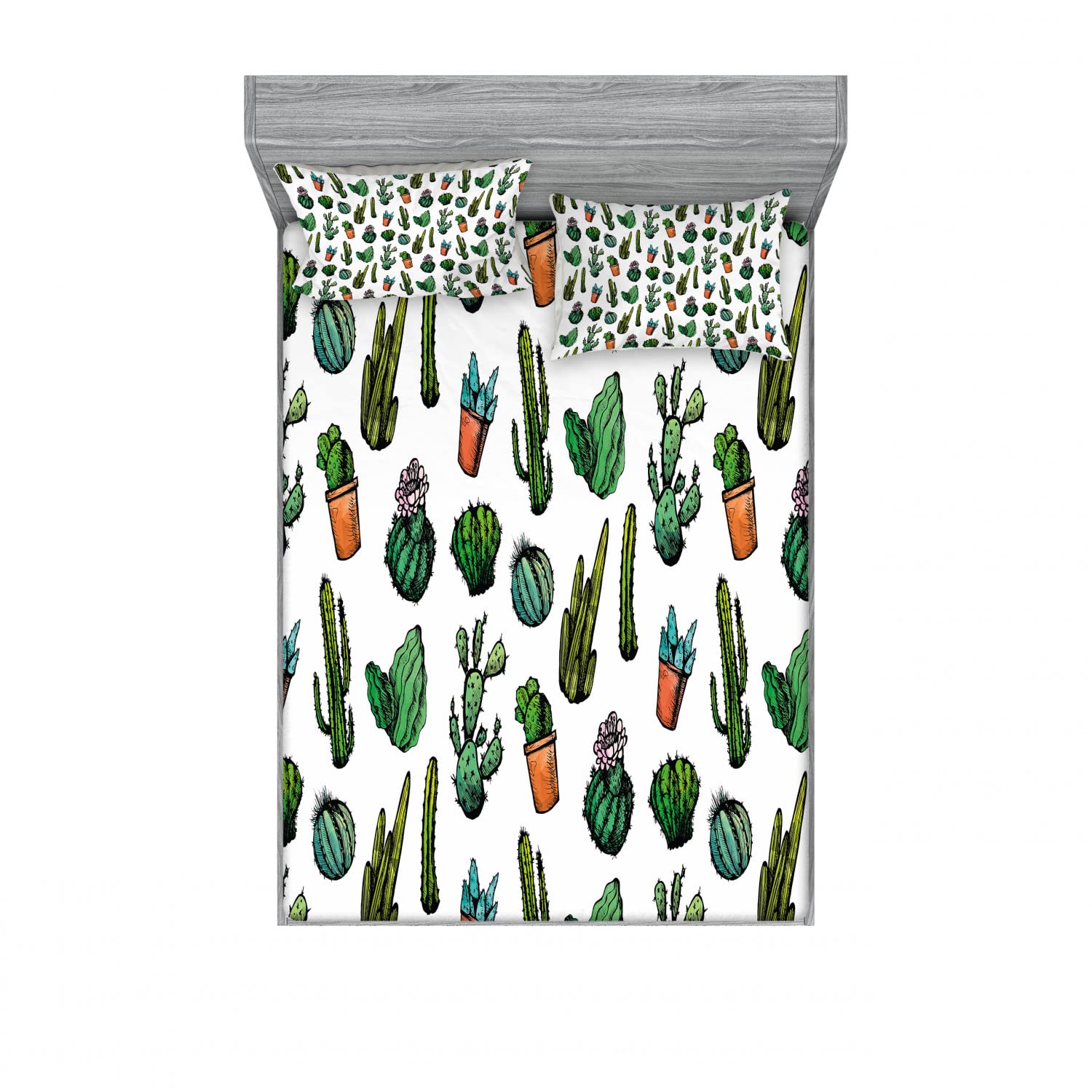 Ambesonne 2-Pack Queen Size Cactus Print Fitted Sheet Set with 4 Pillow Shams - Spiked Cacti Pot Design Colorful Bedding Decor for Home, Bedroom, Guest Room & Dorm Room