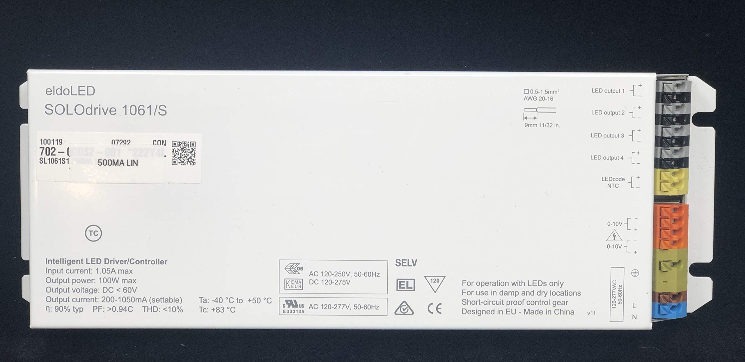 SOLOdrive 1061/S 500MA LIN LED Driver - 100W AC Constant Current Power Supply with 0-10V Dimming, 4x 57V Outputs, Side Feed Design in Square Metal Housing - Perfect for Commercial LED Lighting, Architectural Illumination, and Stage Lighting Systems