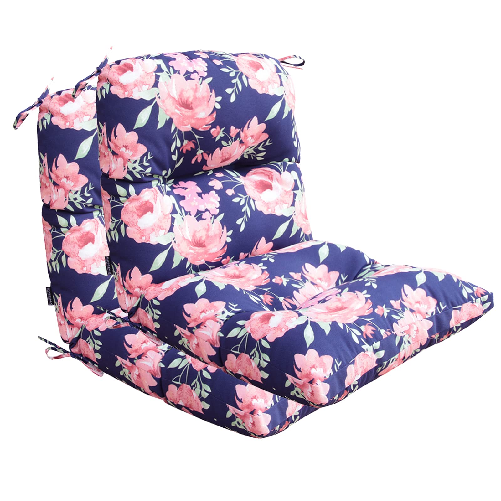 BOSSIMA High Back Chair Cushions Set of 2 - Tufted Thick Comfort Replacement Cushions for Outdoor & Indoor Use, Pink Floral Design - Perfect for Patio, Garden, Deck, and Living Room Seating