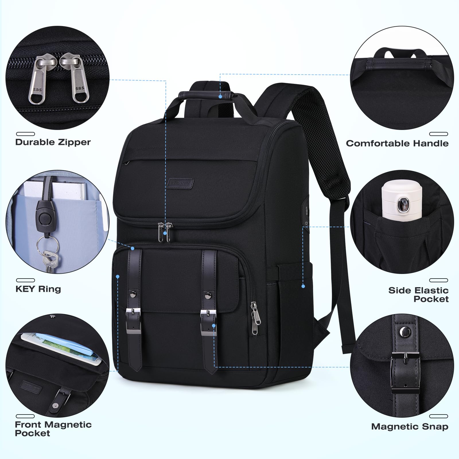 15.6 Inch Waterproof Laptop Backpack for Men & Women - TSA Friendly USB Charging Travel Backpack for Business, Work & College - Durable Carry On Backpack for Daily Commute & Air Travel (Black)