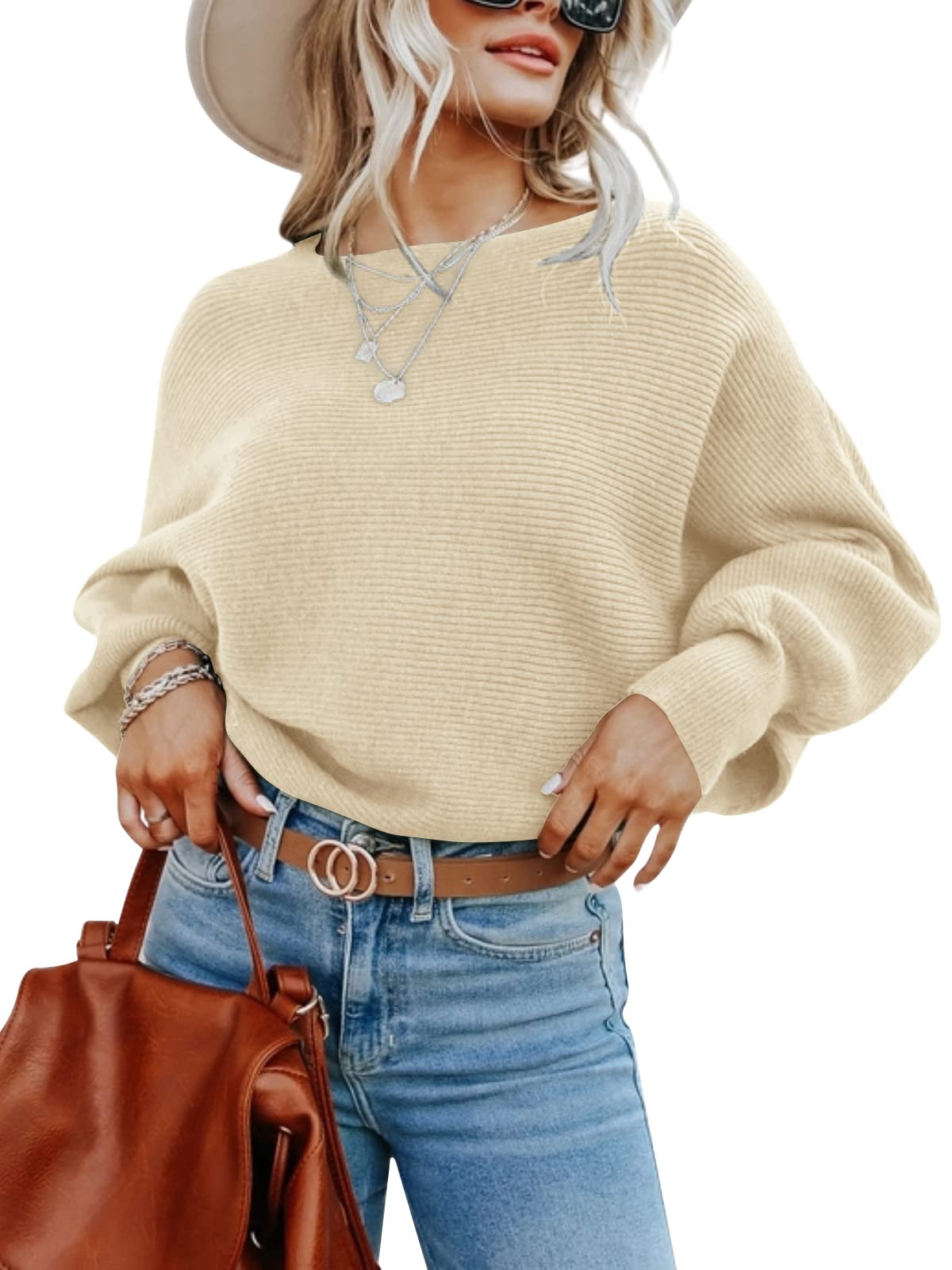 Imily Bela Women's 2022 Fall Knit Sweater - Long Balloon Sleeve Boat Neck Pullover Jumper for Autumn Fashion & Casual Outfits