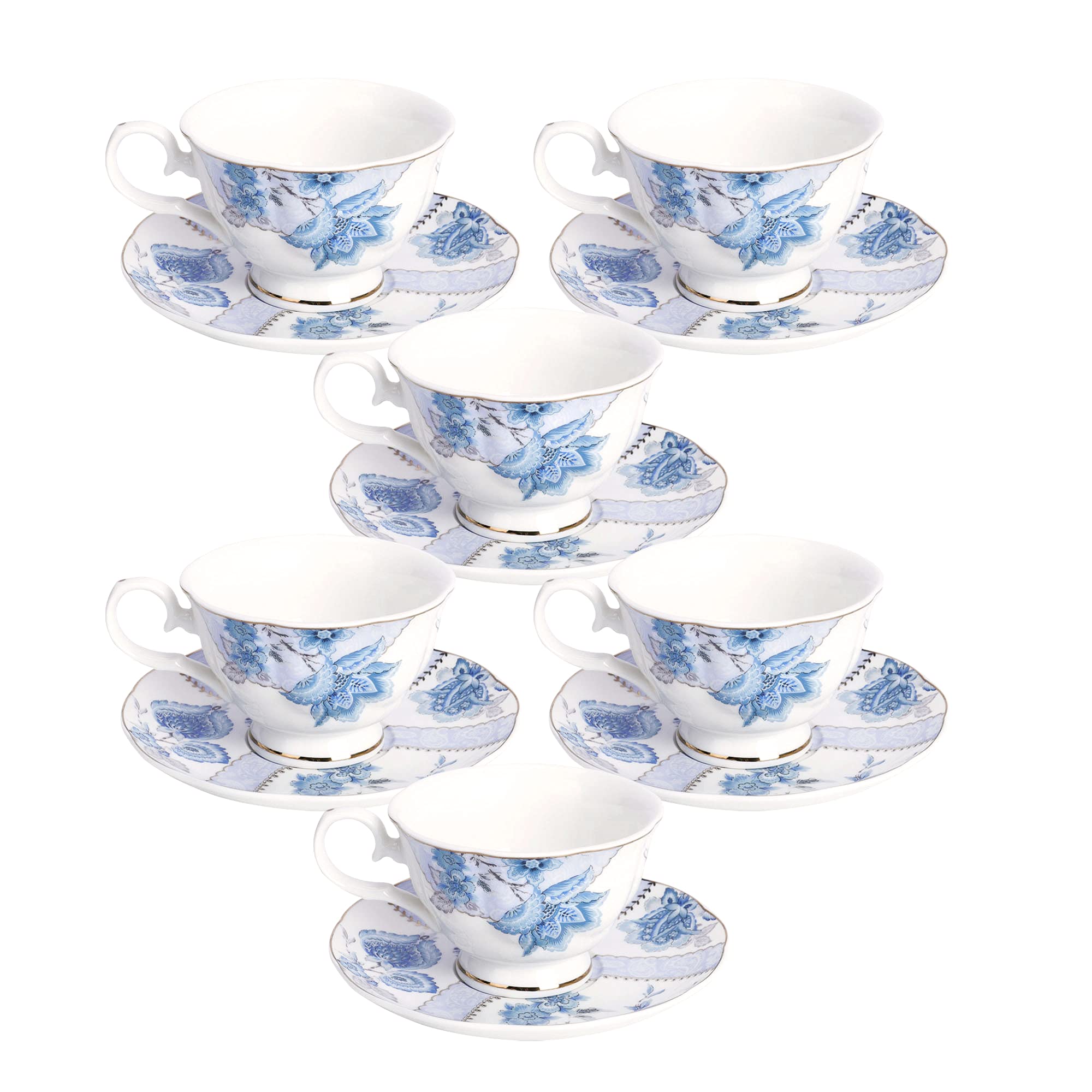 Fanquare Floral Coffee Cups Set of 6 (5 oz) - Porcelain Cappuccino Cups with Saucers, Elegant Tea Cups for Birthday, Wedding & Party - Blue - Perfect for Afternoon Tea, Coffee Breaks & Special Occasions