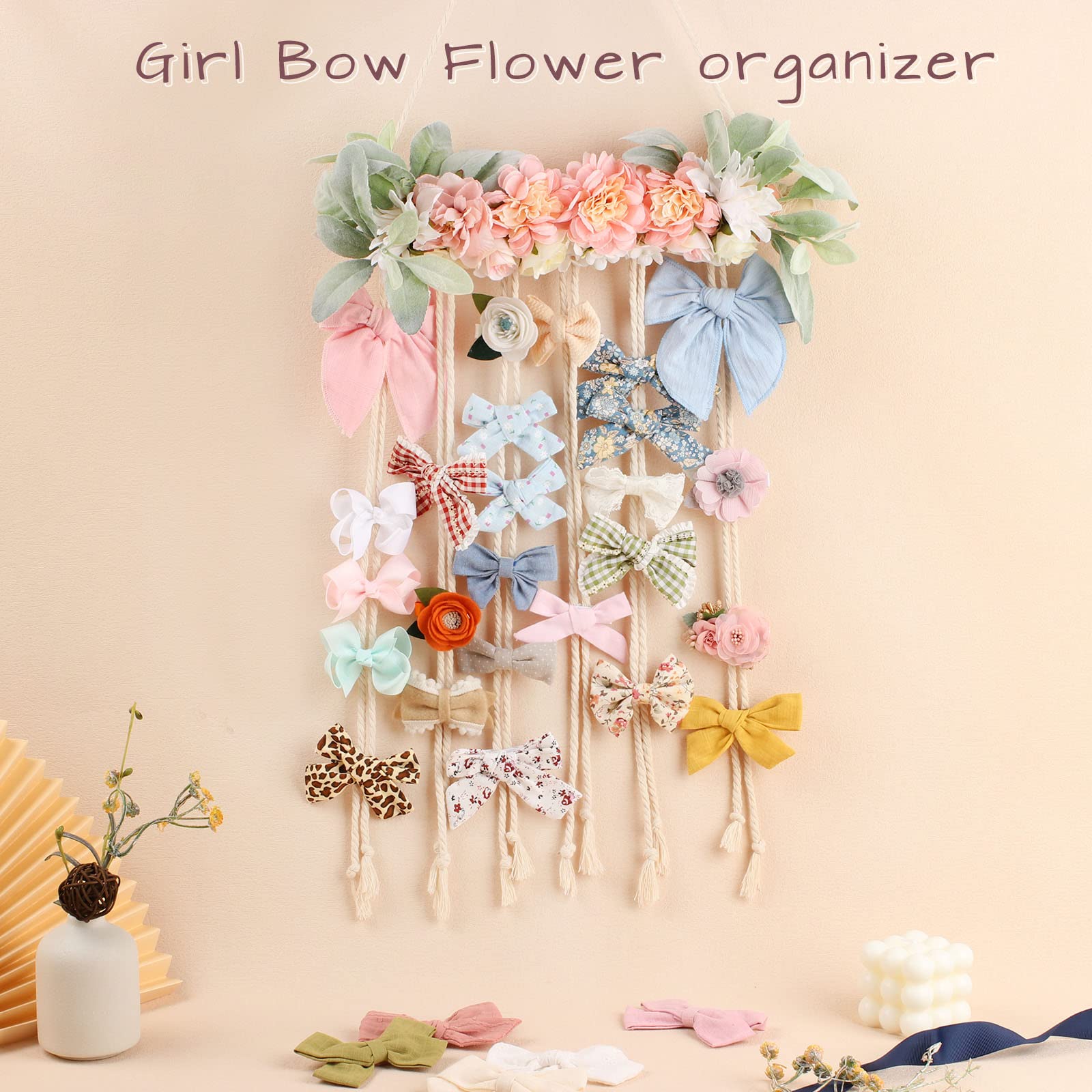POVETIRE Bow Holder for Girls Hair Bows - Wall Mounted Hair Accessory Organizer for Baby Headbands, Clips & Ribbons - Nursery Room Decor (Flower Design) - Perfect for Bedroom, Playroom & Baby Shower Gifts