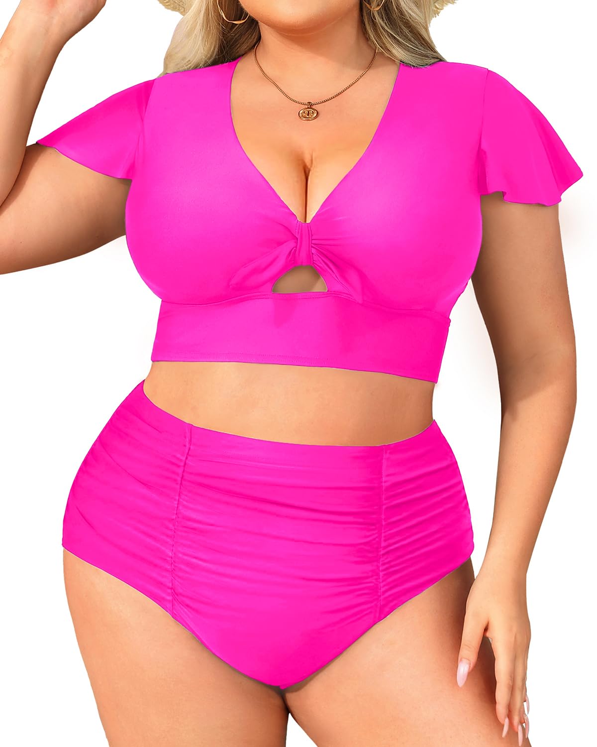 **Yonique Women's Plus Size High Waisted Bikini Set - Tummy Control Swimwear with Short Sleeves for Beach, Pool & Vacation | 2-Piece Bathing Suit**