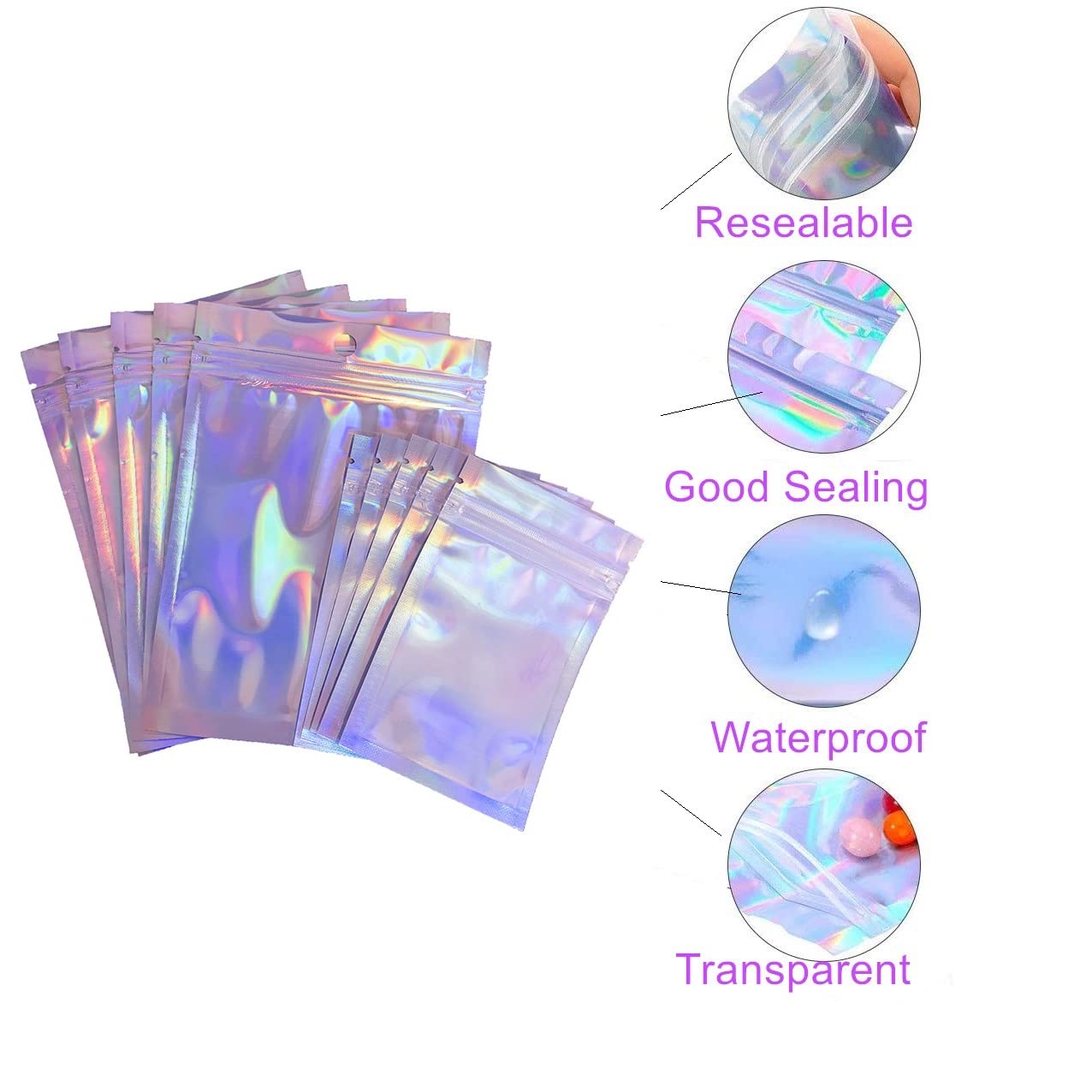 100PCS Reusable Zip Lock Sealing Bags - Double Sided Holographic Smell Proof Storage Bags (3x4 Inch) for Food, Snacks, Jewelry & Travel Essentials | Airtight & Leakproof Foil Pouch Bags for Kitchen, Office & Organizing