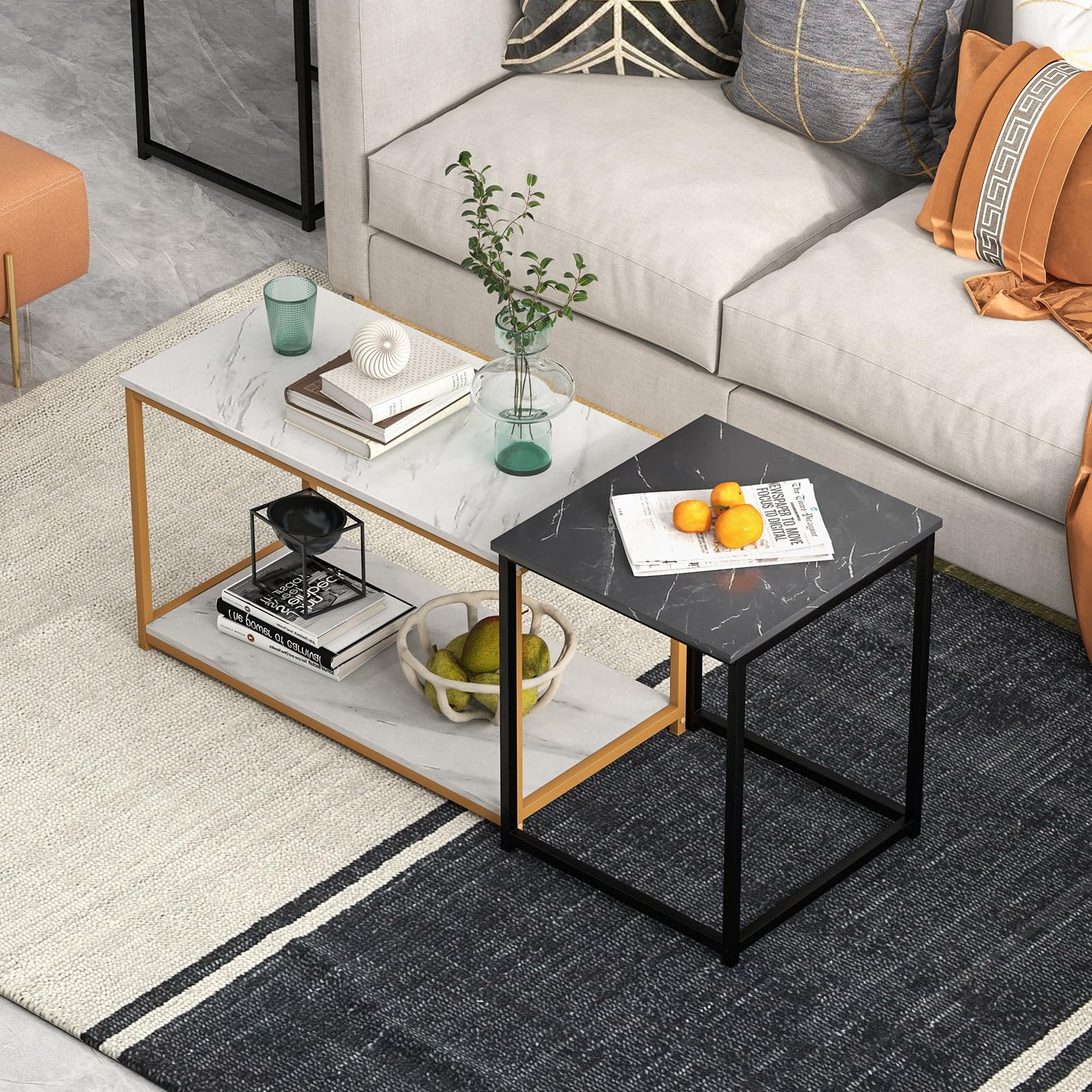 COSTWAY 3-Piece Nesting Coffee Table Set with Faux Marble Top & Heavy-Duty Metal Frame - Modern Rectangular End Tables for Small Spaces, Living Room, Bedroom | Perfect for Sofa Side Tables, Coffee Table Decor & Compact Home Furniture