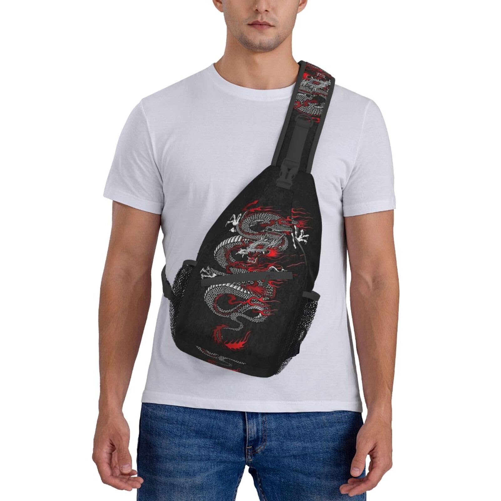 Men's Dragon Print Crossbody Sling Bag - Waterproof Chest Shoulder Backpack for Outdoor Hiking, Travel & Daily Use | Casual Daypack with Adjustable Strap