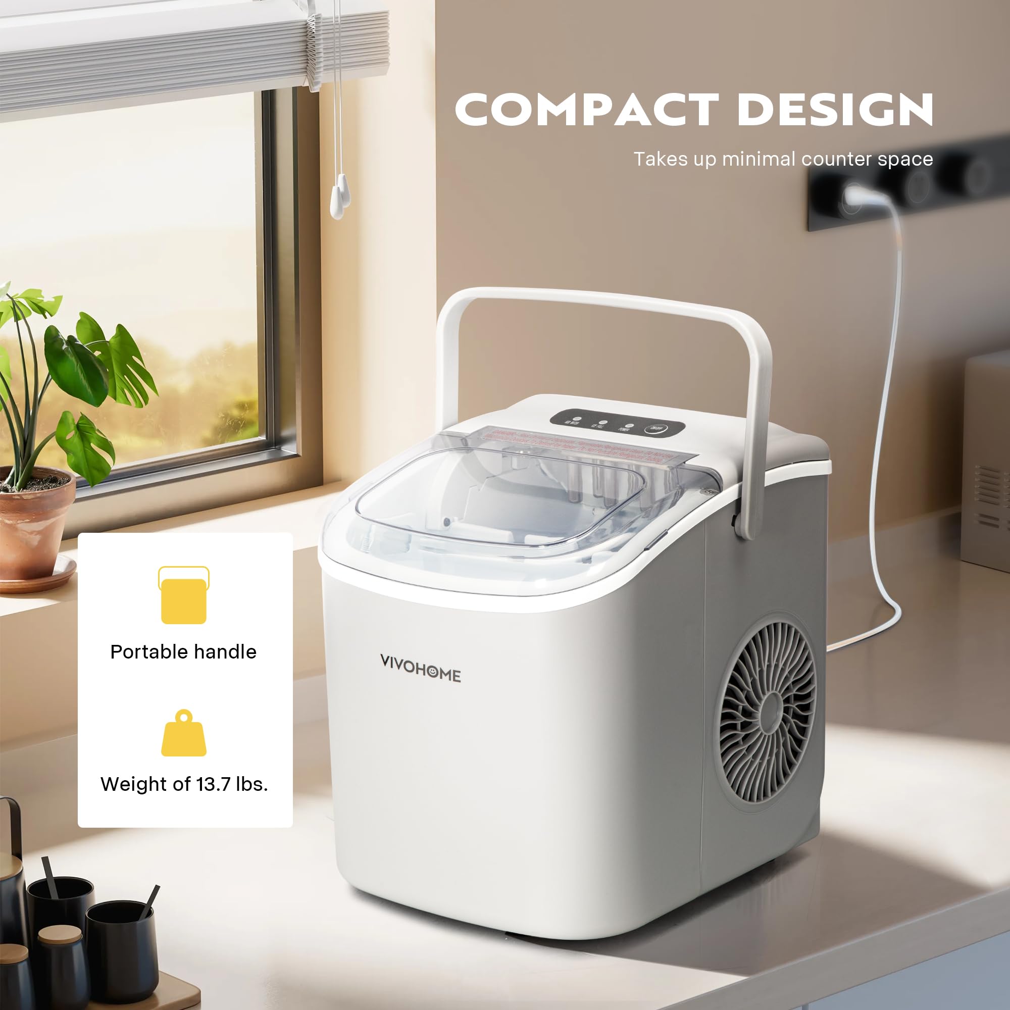 VIVOHOME 26lbs/Day Portable Ice Maker Machine - Compact Countertop Automatic Ice Cube Maker with Self-Cleaning Function, Scoop & 10 Ice Bags - Perfect for Home, Office, RV, Boat & Outdoor Parties (Silver)