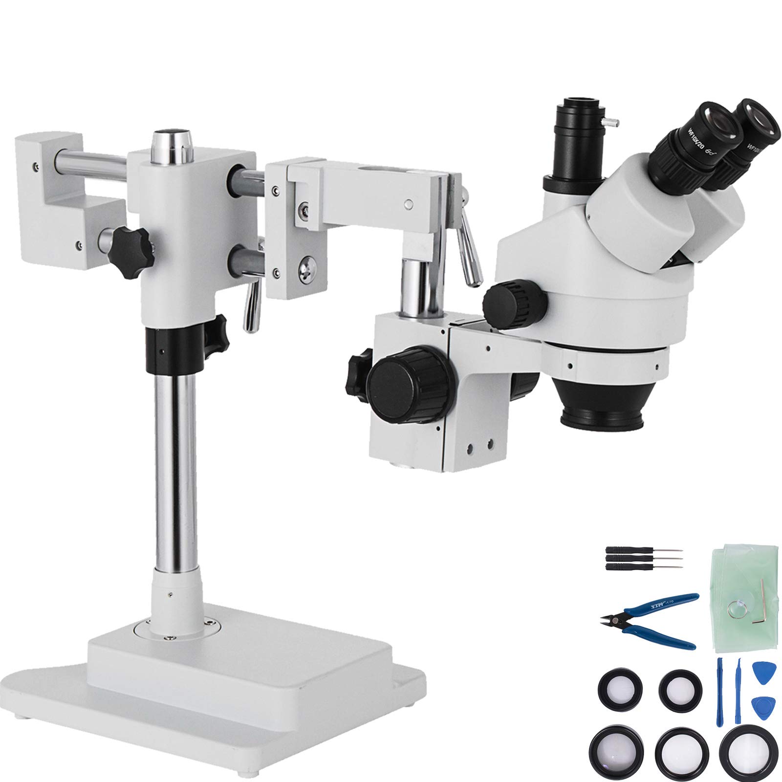 VEVOR Trinocular Stereo Zoom Microscope 3.5X-90X Magnification, 360° Rotatable Head with Dual Arm Stand - Ideal for Laboratory Research, Electronics Repair & Jewelry Inspection
