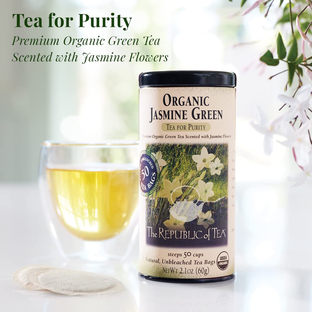 Organic Jasmine Green Tea Bags | The Republic of Tea | 50 Count | Premium Loose Leaf Tea for Relaxation & Wellness | Perfect for Morning Boost, Afternoon Tea Time & Stress Relief