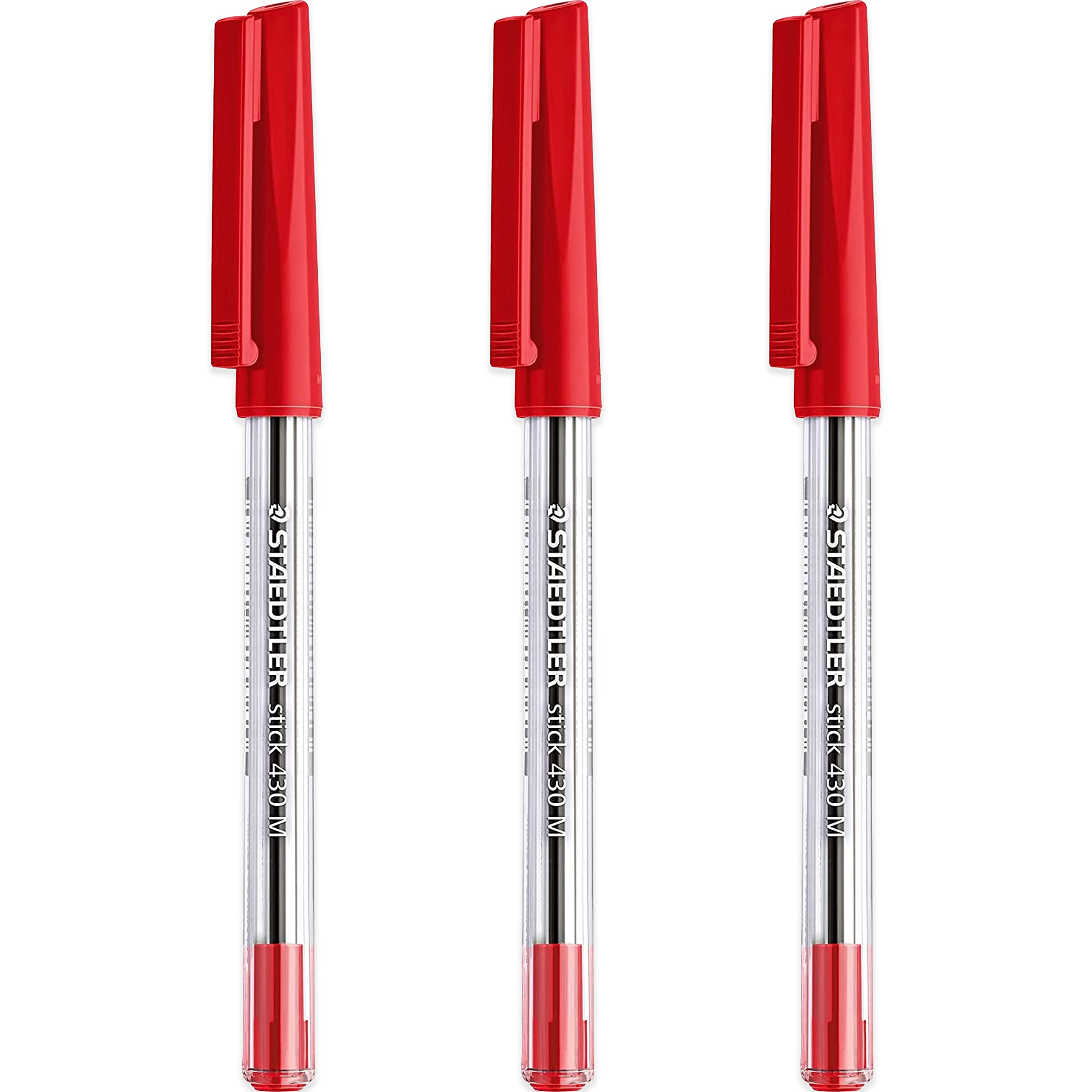 STAEDTLER 430 Medium 0.5mm Ballpoint Pens - Smooth Writing Red Ink Pens - 3-Pack for Office, School & Note Taking