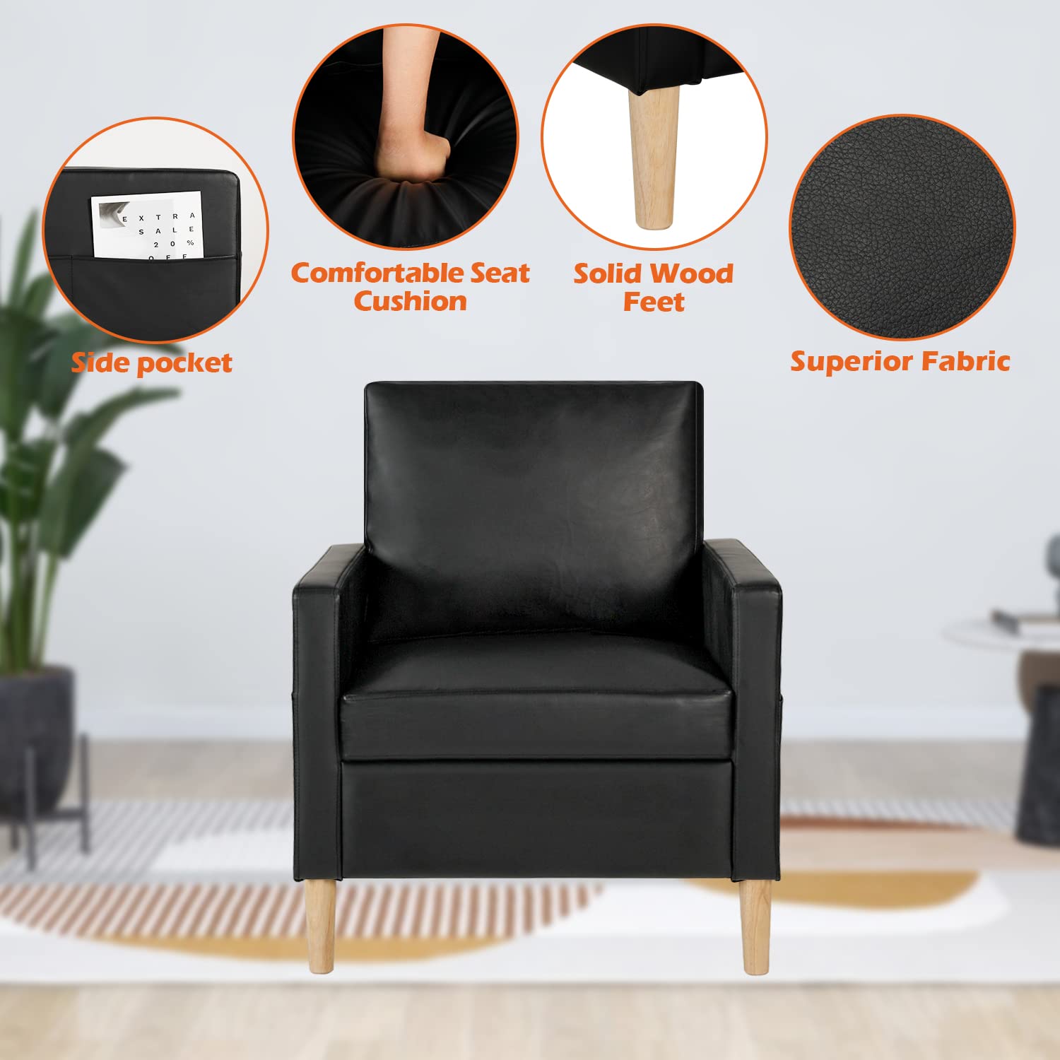AILEEKISS Mid-Century Modern Upholstered Faux Leather Accent Armchair Set of 2 - Living Room, Apartment, Dorm & Office Furniture for Small Spaces (Black) - Perfect for Compact Homes, Reading Nooks & Guest Seating