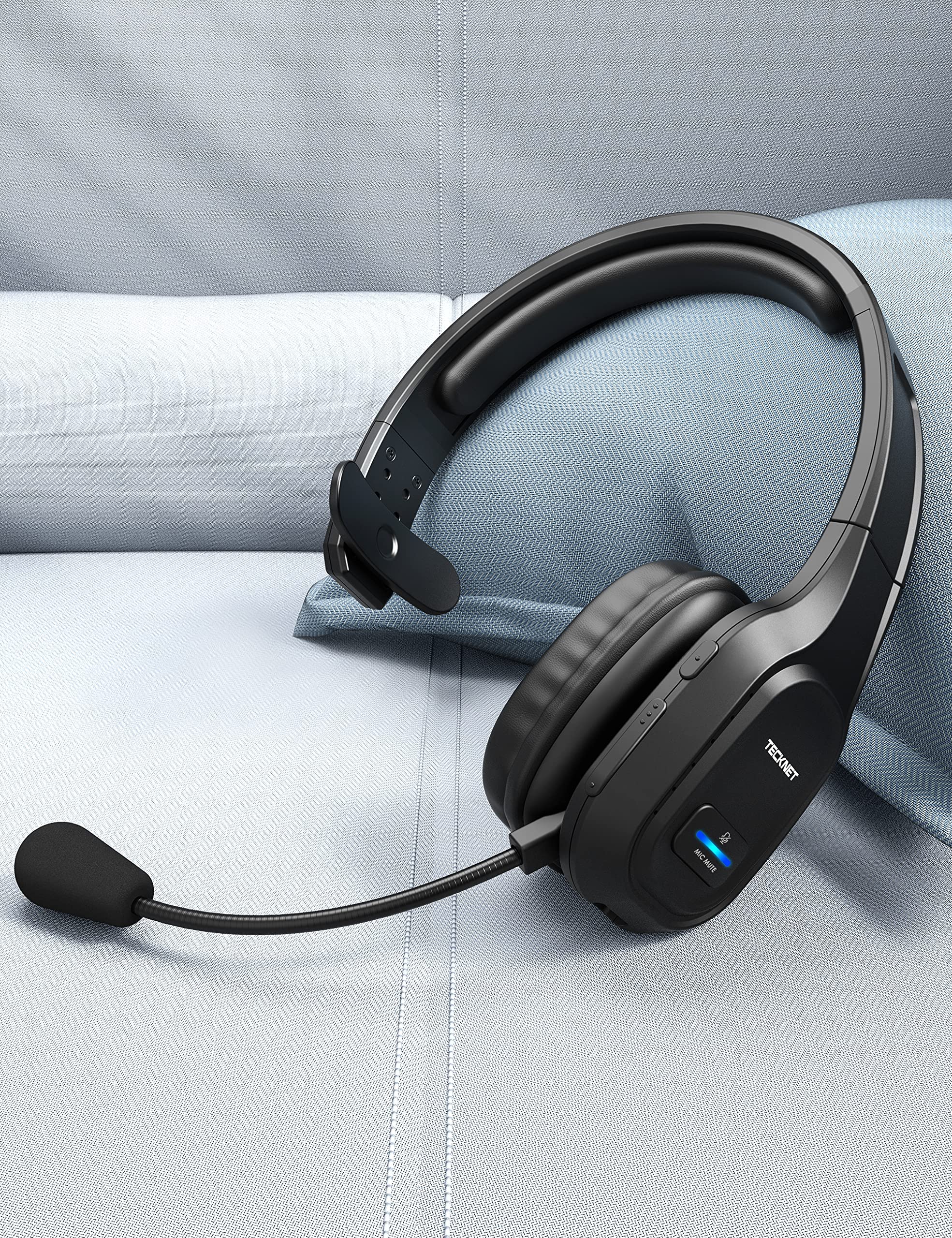 TECKNET Trucker Bluetooth Headphones with Microphone - Wireless On-Ear Headset with Noise Cancellation, Hands-Free for Cell Phone, Computer, Office, Home & Call Center - Perfect for Skype Calls, Driving, and Work from Home (Black)
