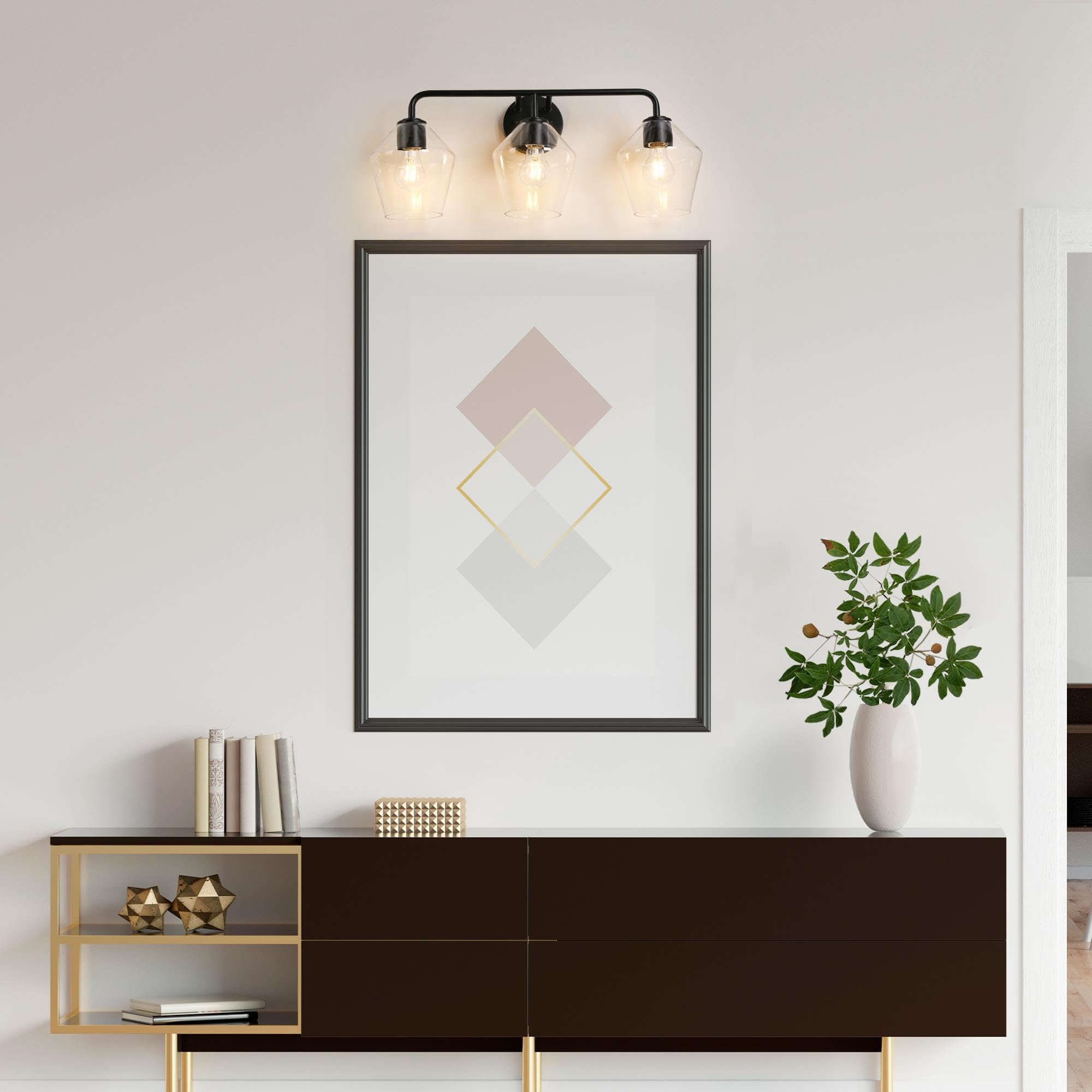 Modern Black Bathroom Vanity Light Fixture - 3-Light Farmhouse Wall Sconce with Clear Glass Shades for Bathroom, Powder Room & Spa Lighting Upgrade